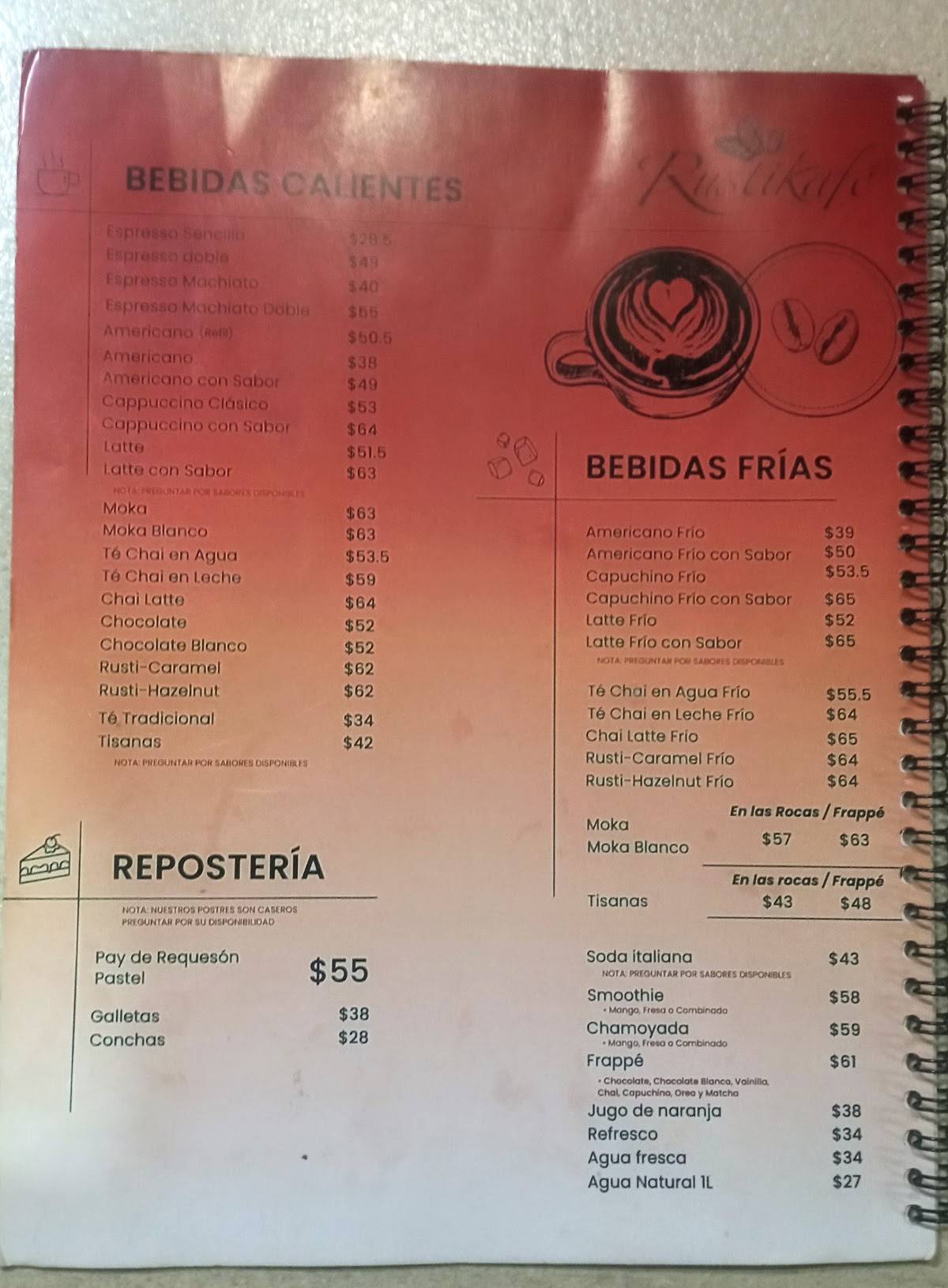 Rustikafé Cafetería en Quiroga меню