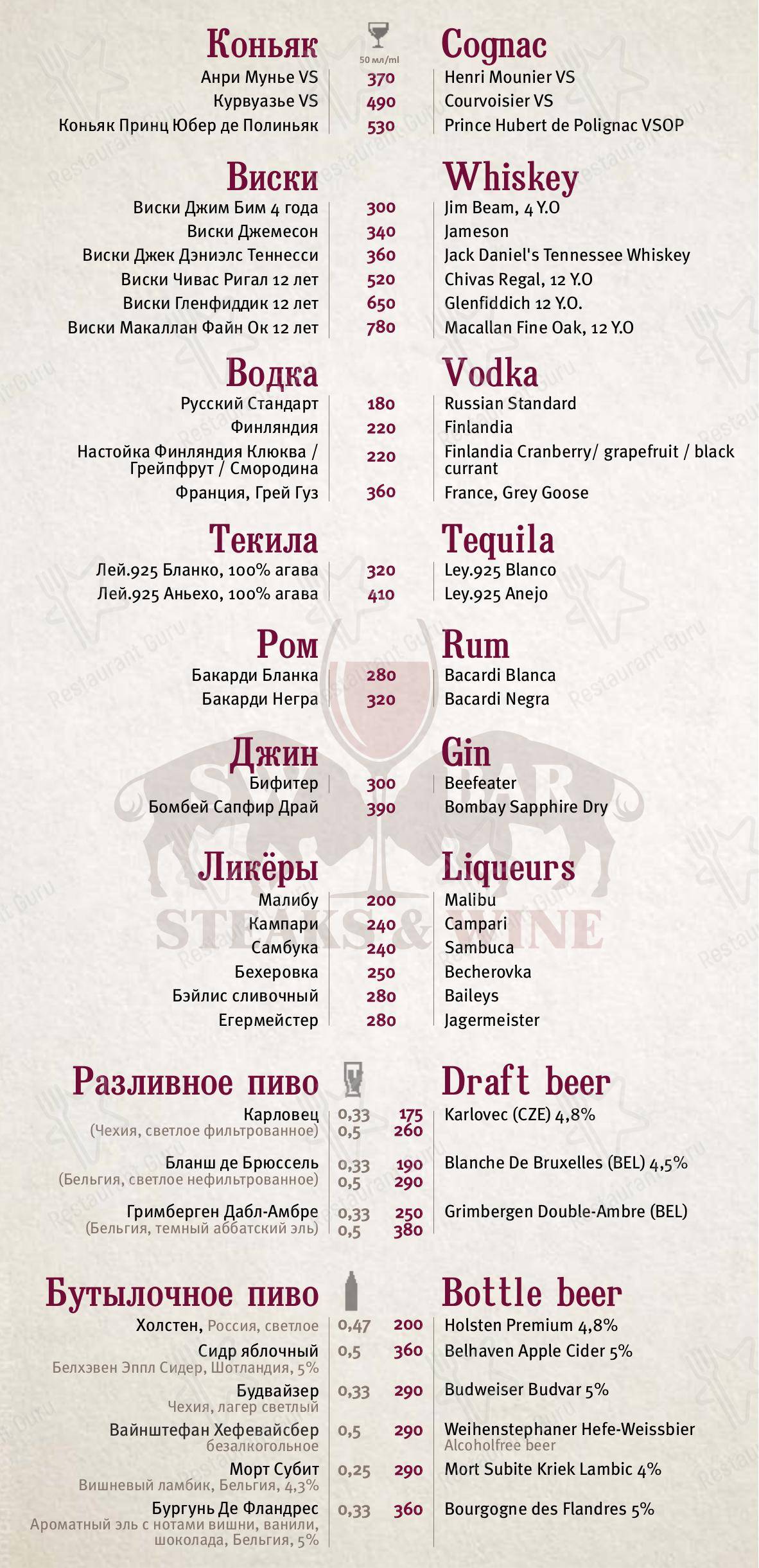 Меню стейк хауса Sw Bar