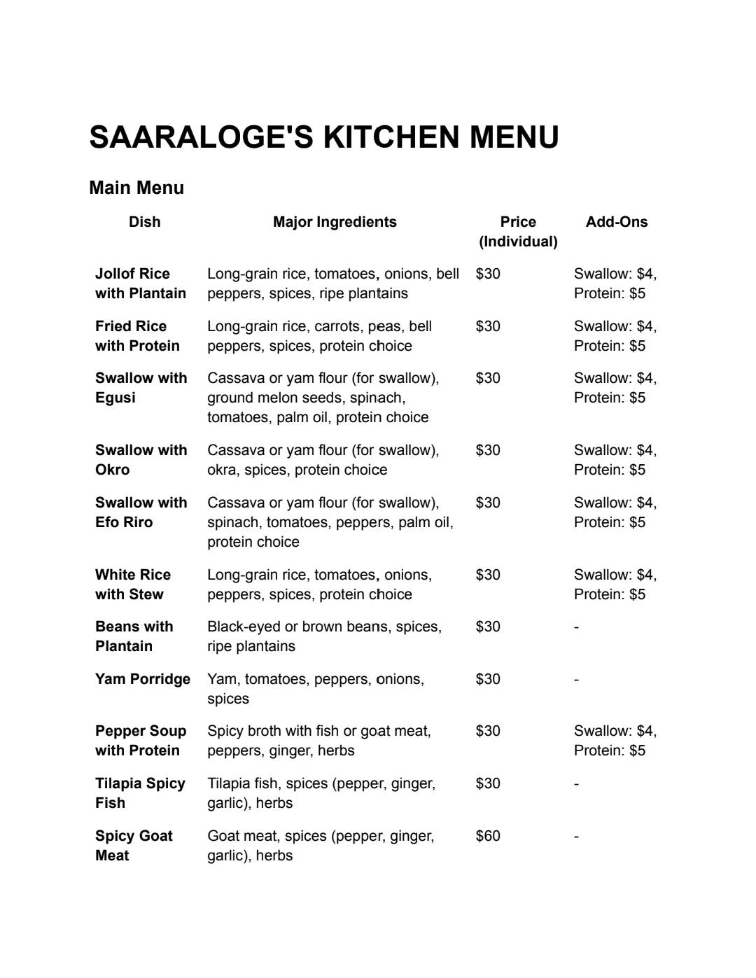 Saaraloge's Kitchen меню