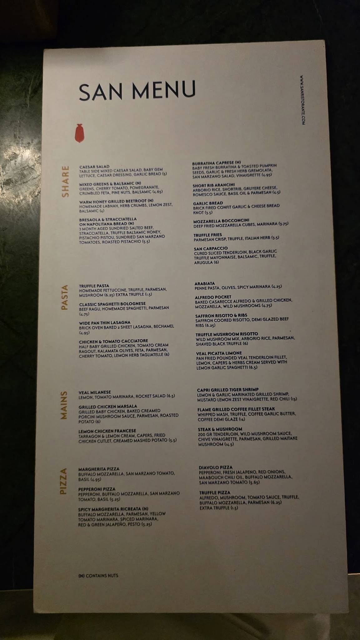 San Ristorante меню