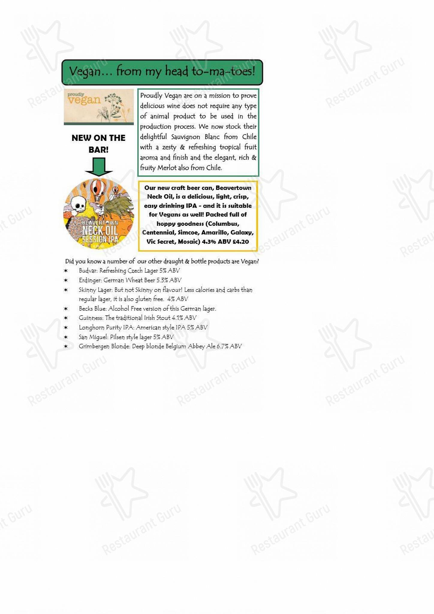 The Seven Stars в Рагби - Breakfast Menu