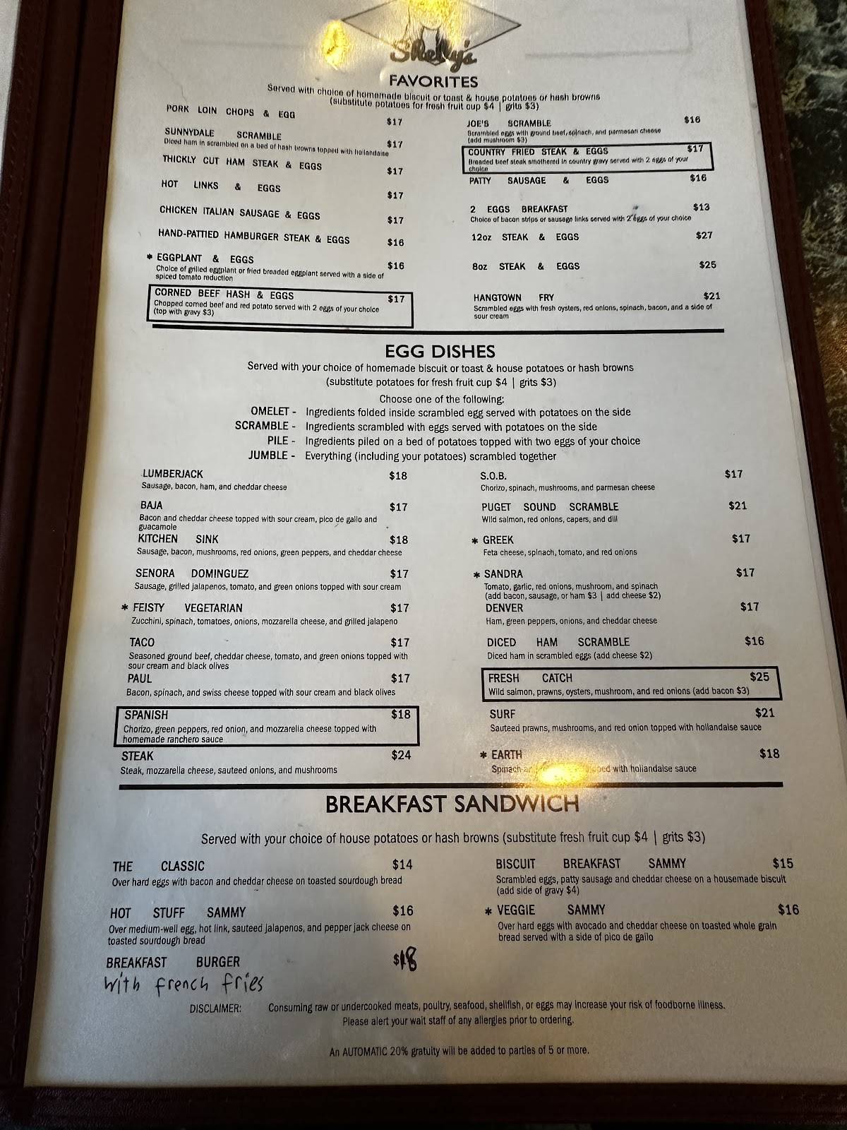 Shelly's Breakfast & Lunch меню