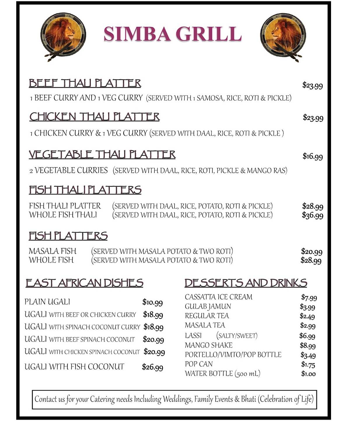 Simba Grill Restaurant меню