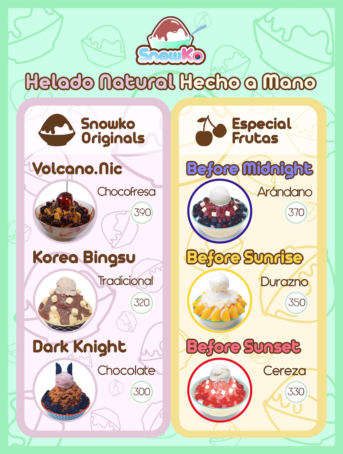 Snowko Raspados меню