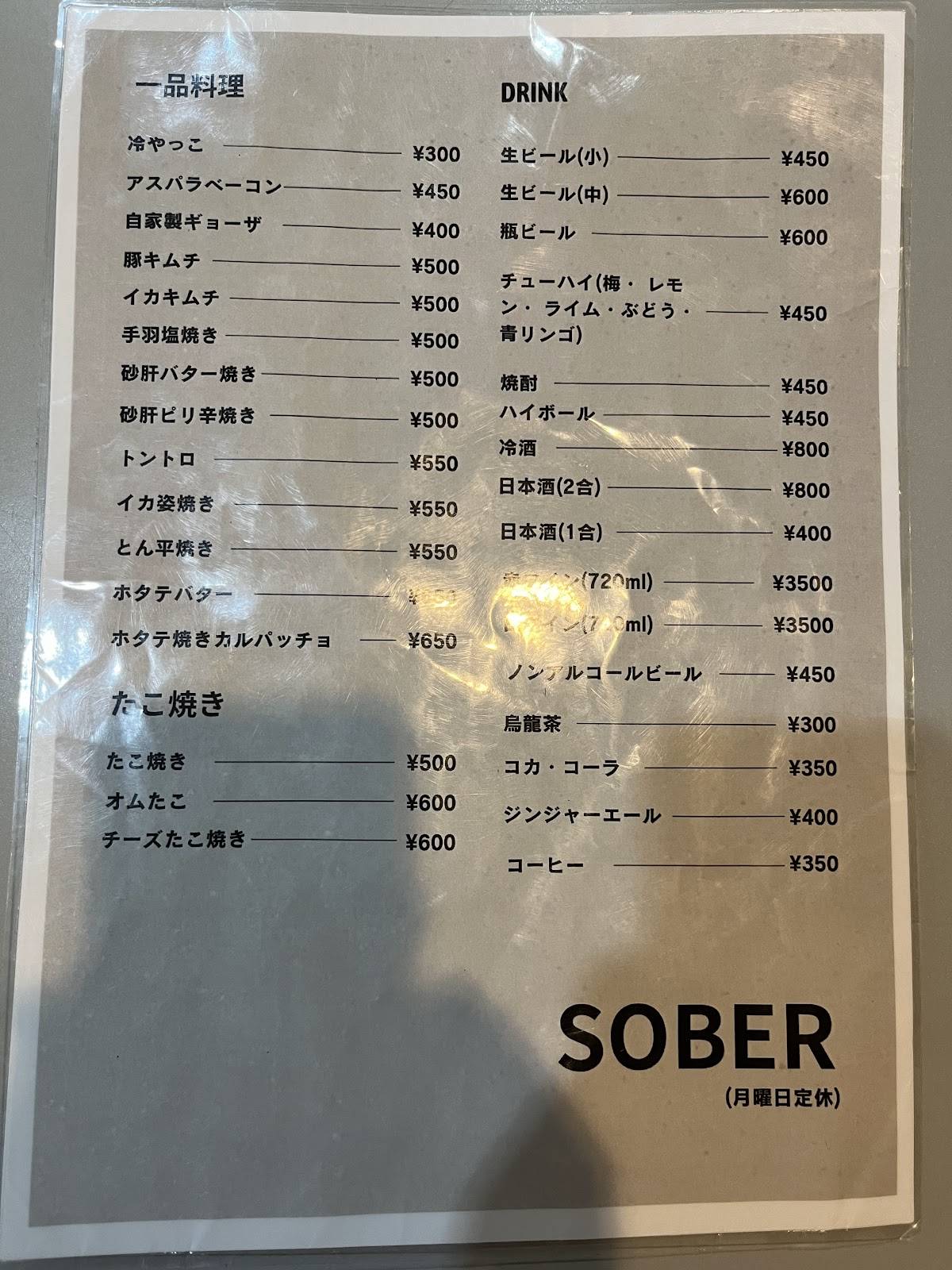 Sober меню