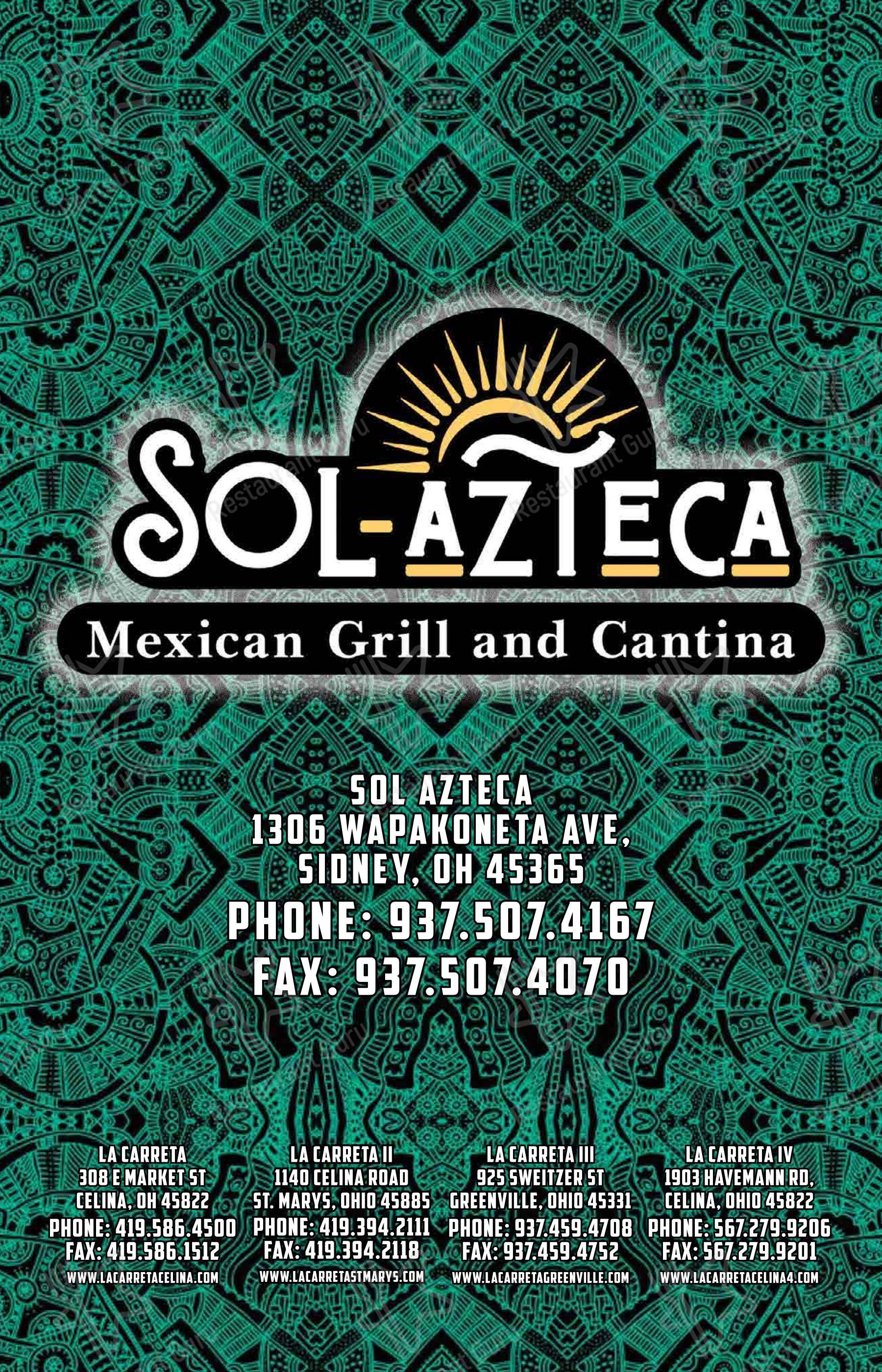 Меню напитков ресторана Sol Azteca