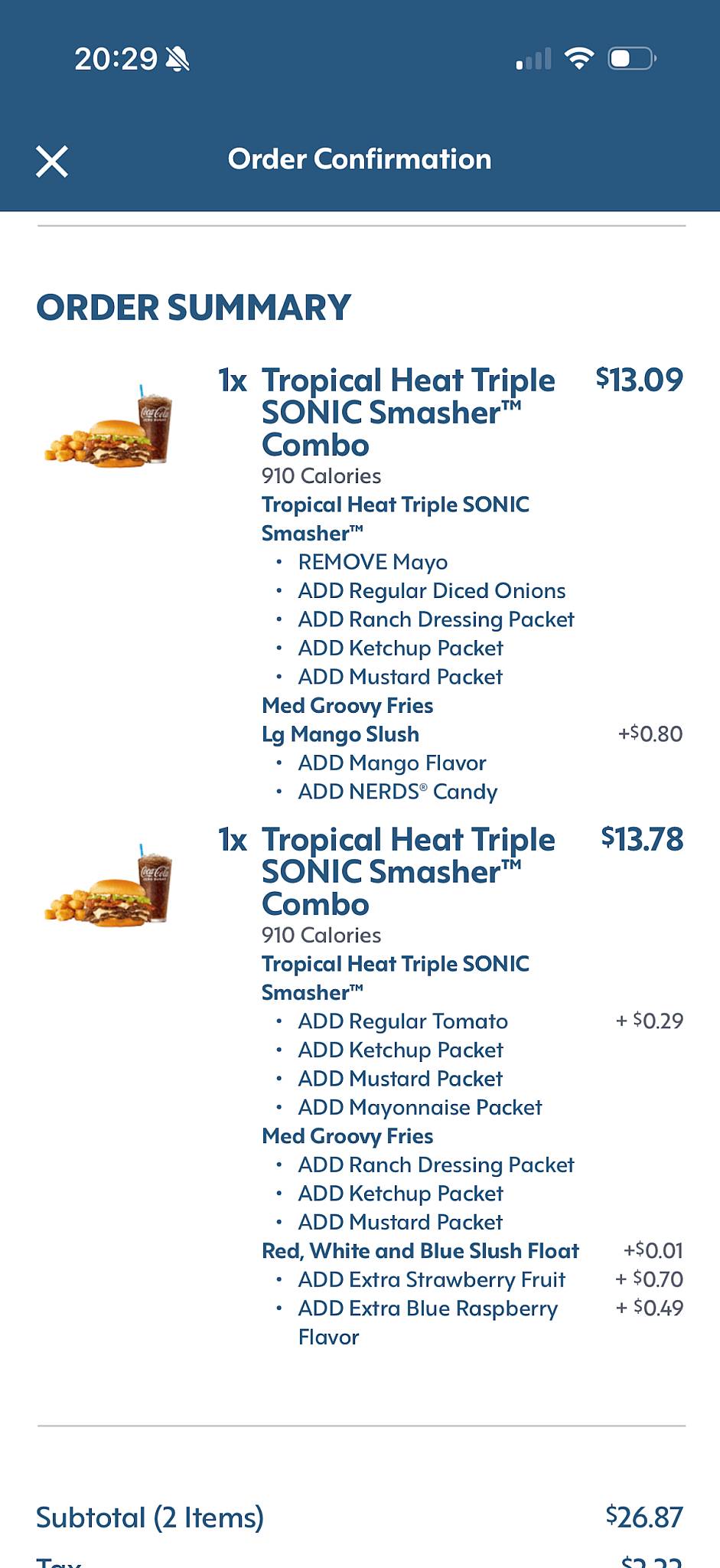 Sonic Drive-In меню