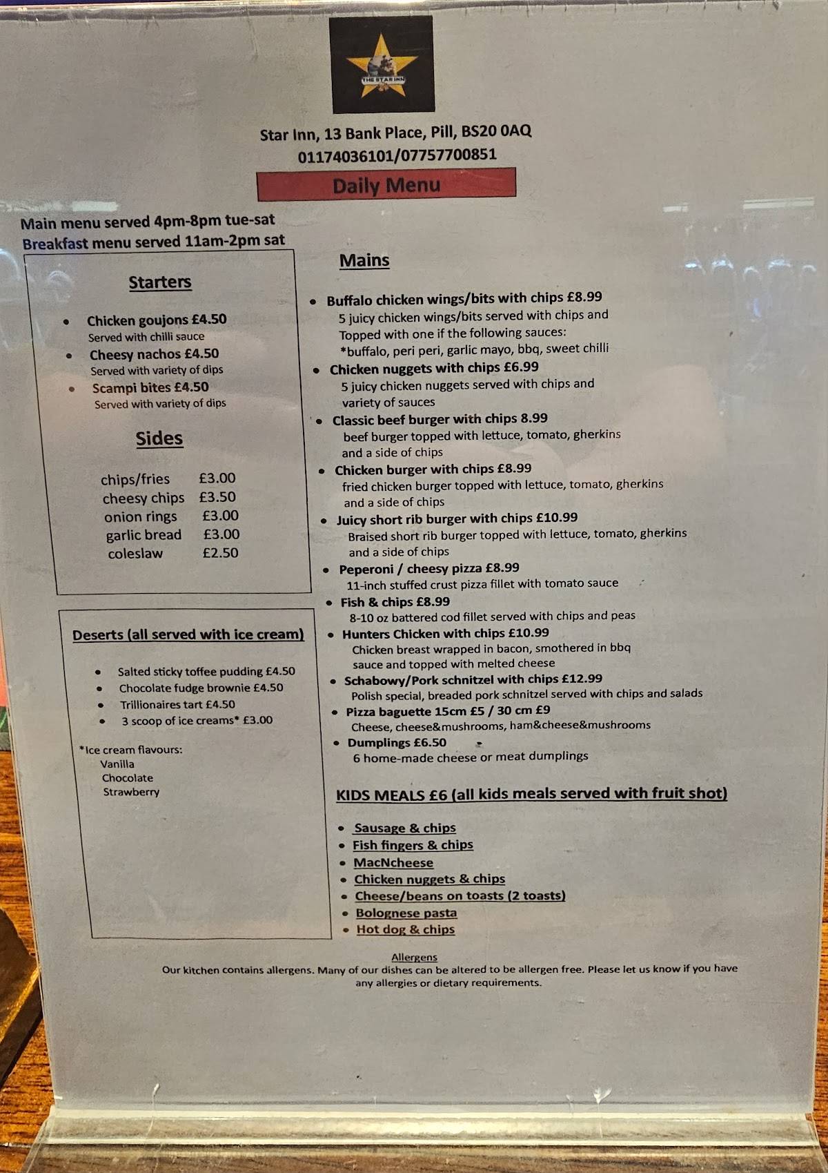 Star Inn меню