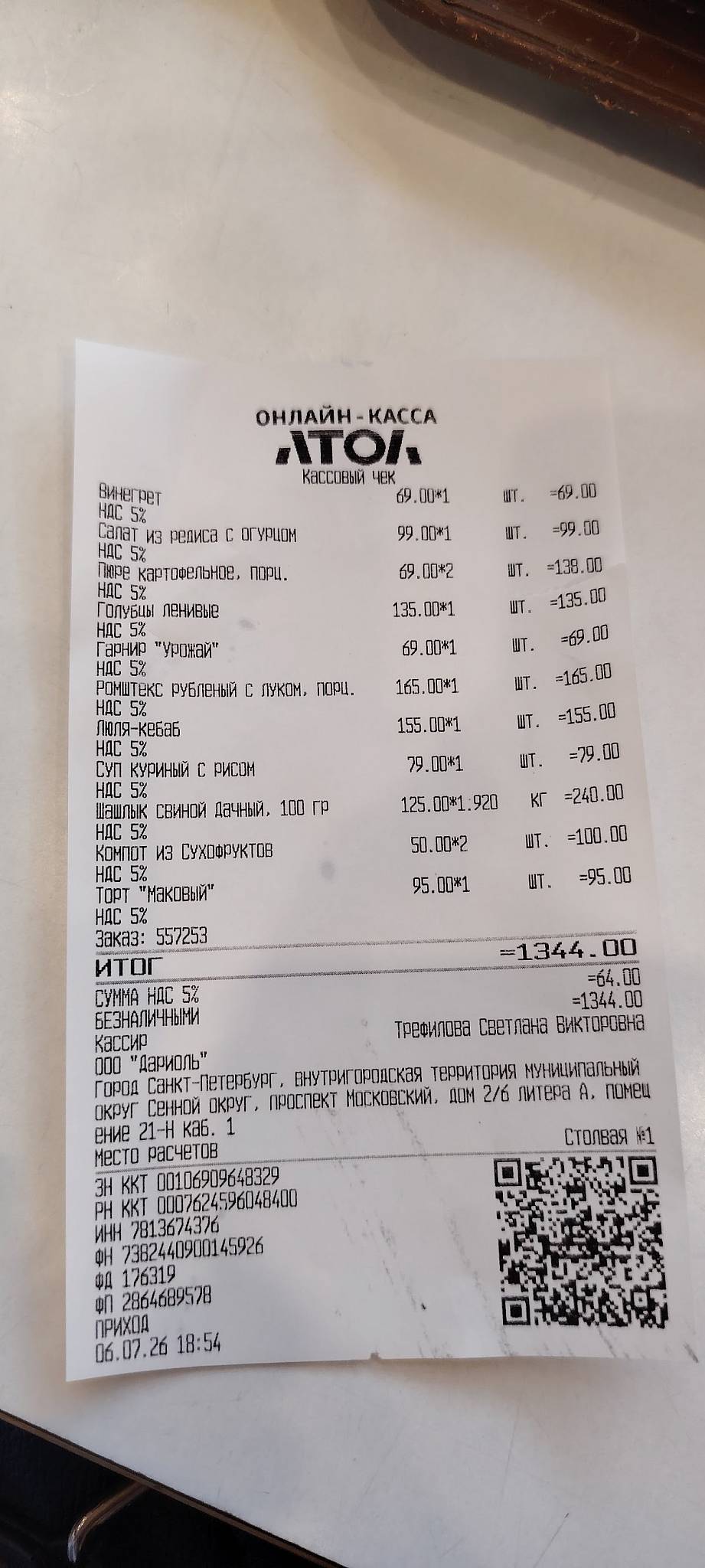 Столовая № 1 меню
