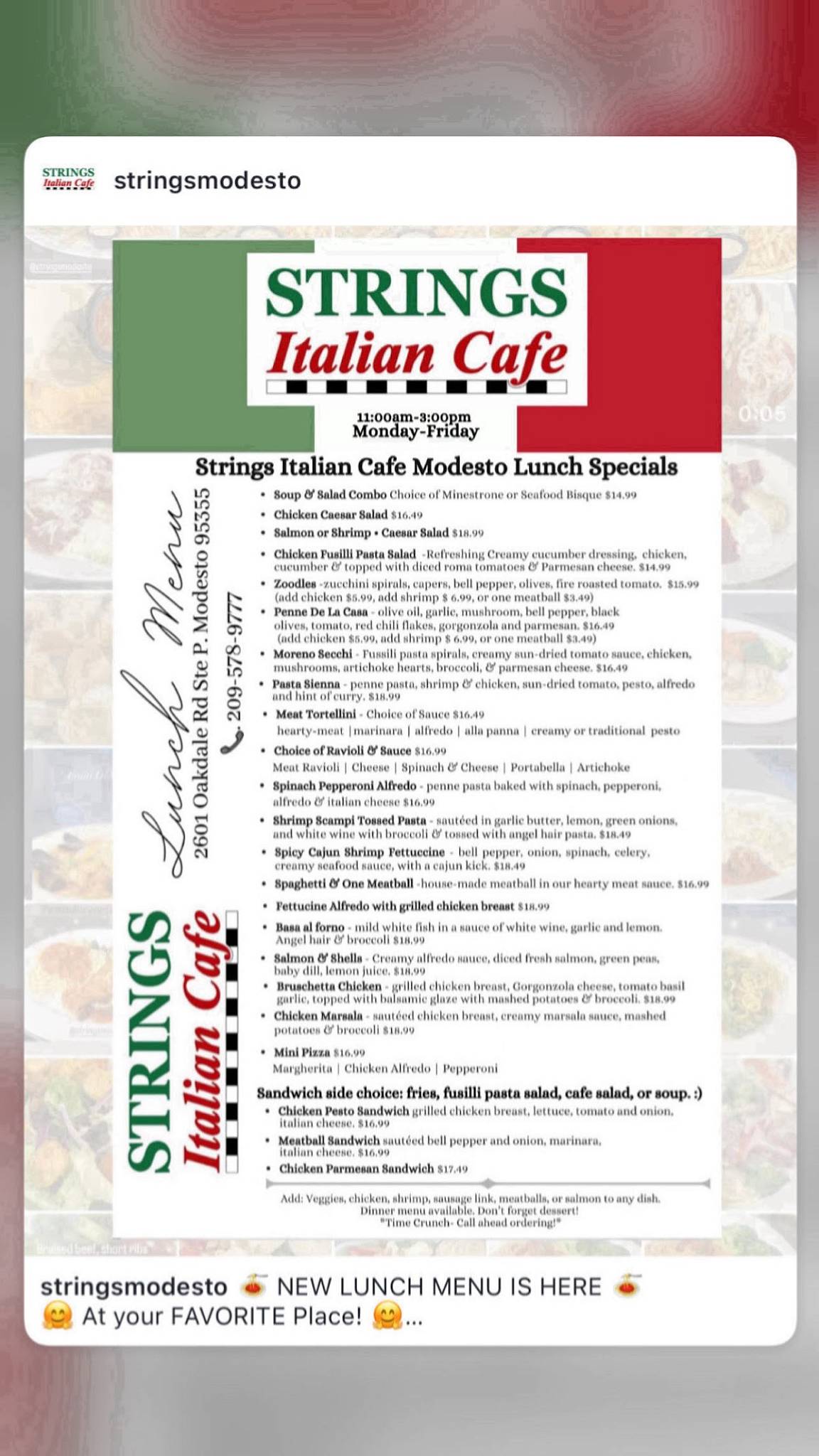 Strings Italian Cafe - Modesto меню