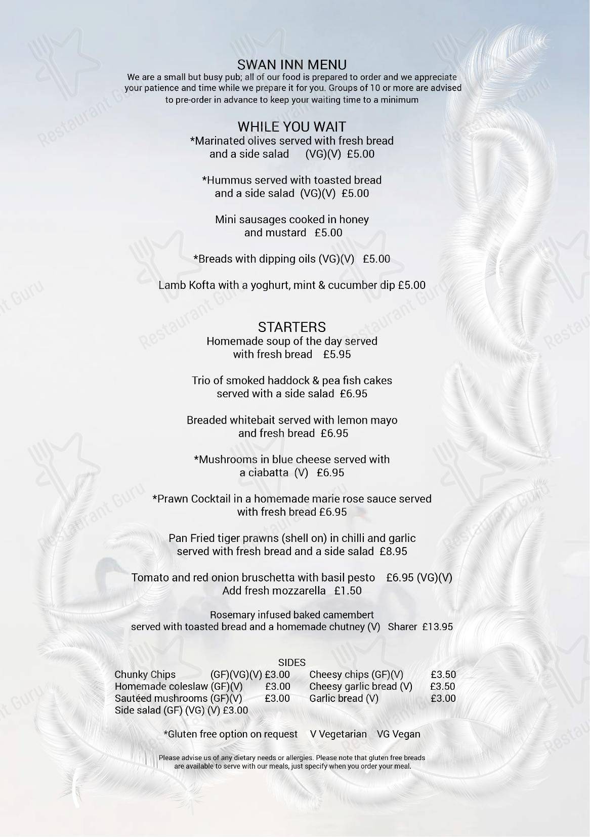 Меню паба и бара The Swan Inn - Main menu