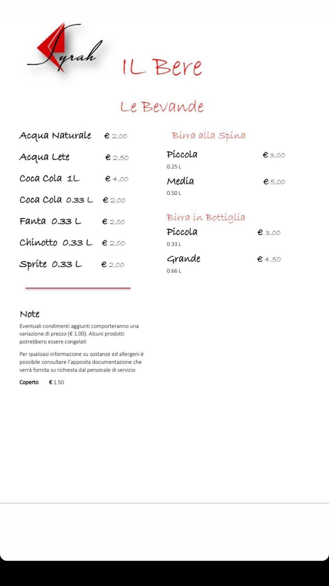 Syrah - Ristorante Pizzeria меню