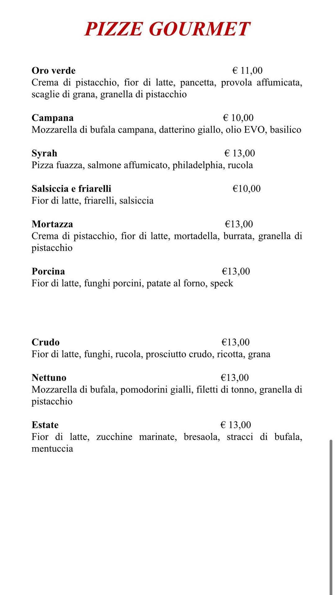 Syrah - Ristorante Pizzeria меню