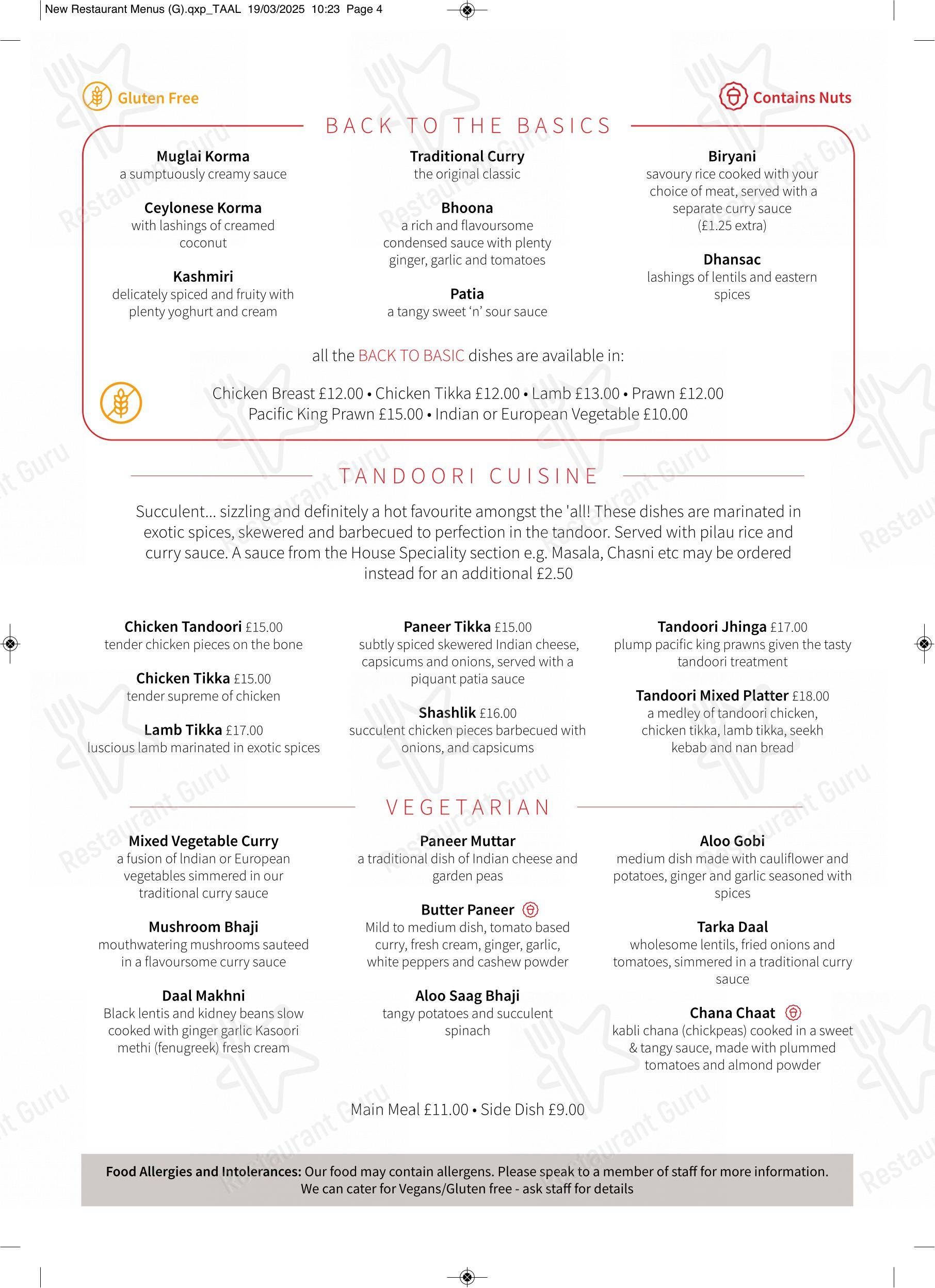 Taal Restaurant в Стратхейвене - Меню