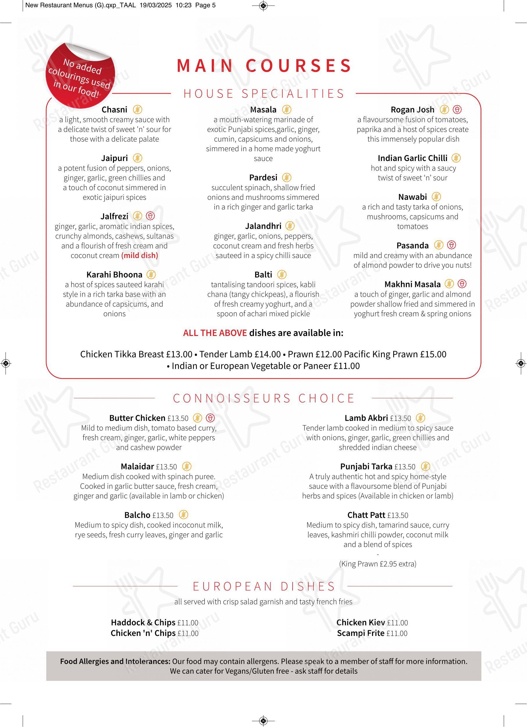 Меню ресторана Taal Restaurant - Меню