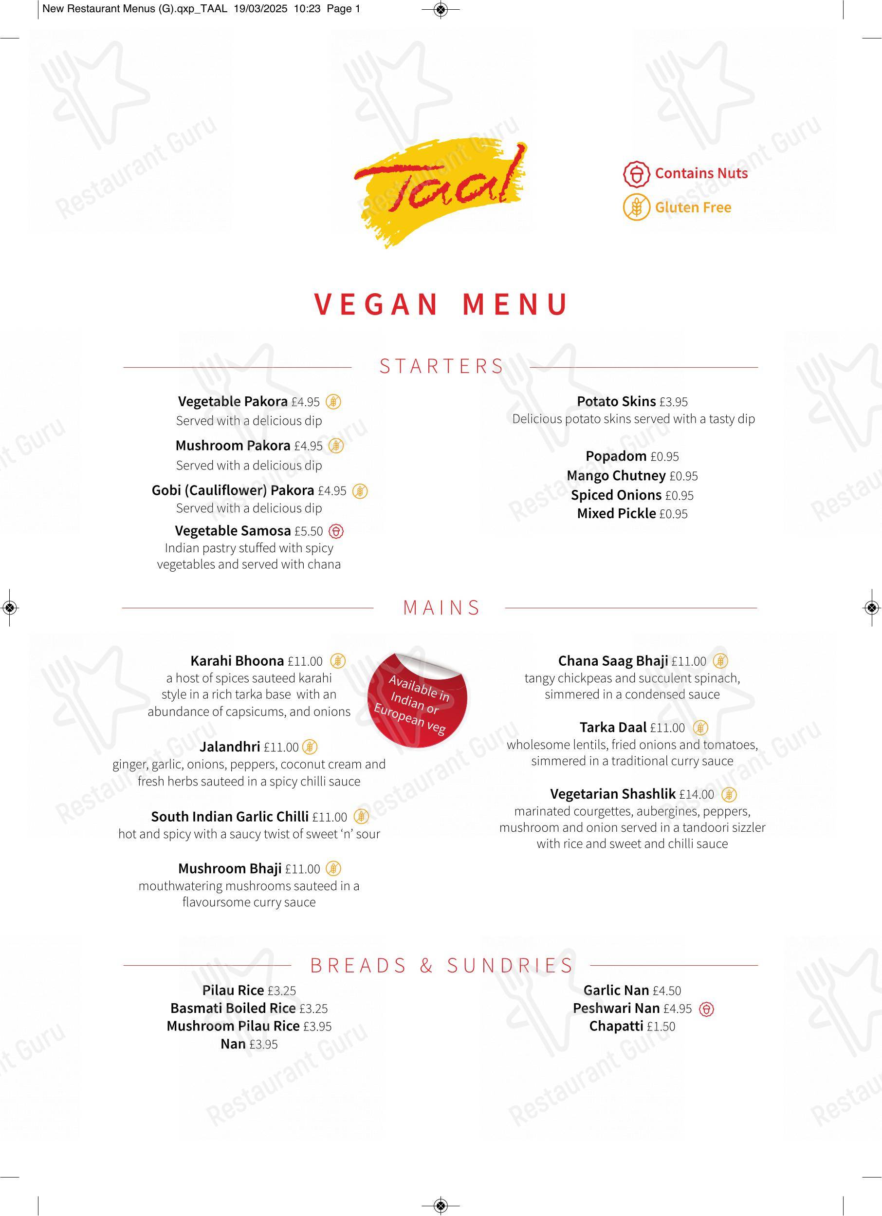 Taal Restaurant в Стратхейвене - Меню
