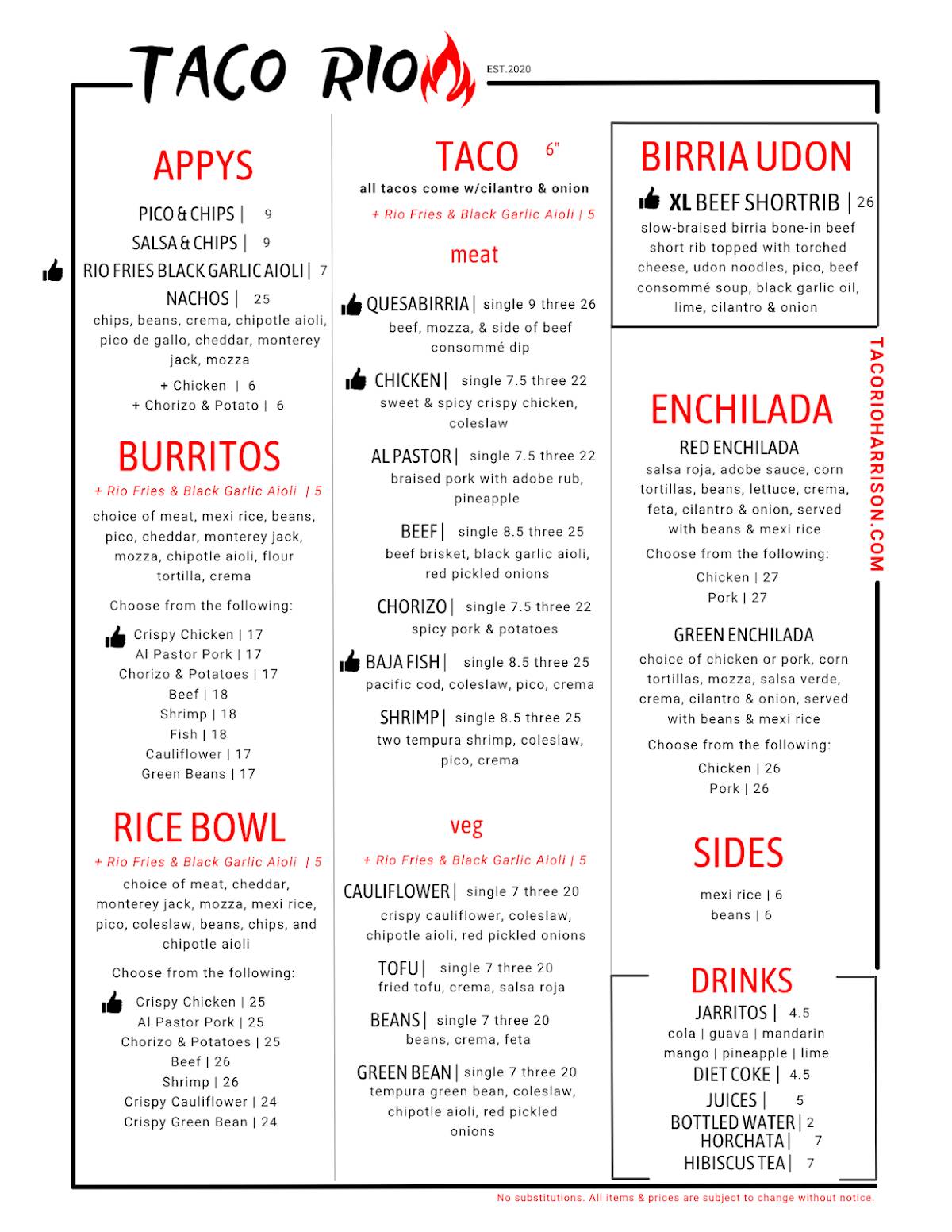 Taco Rio меню