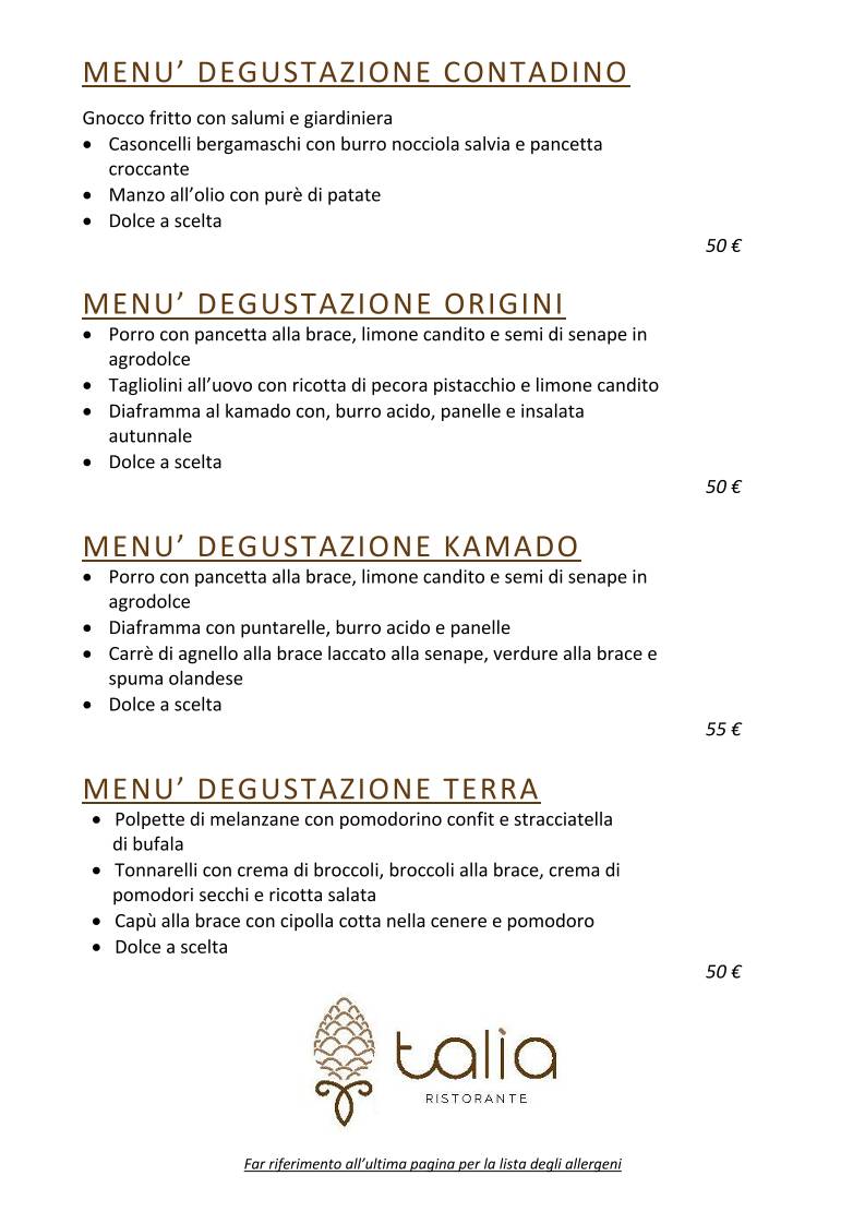 Talìa Ristorante меню