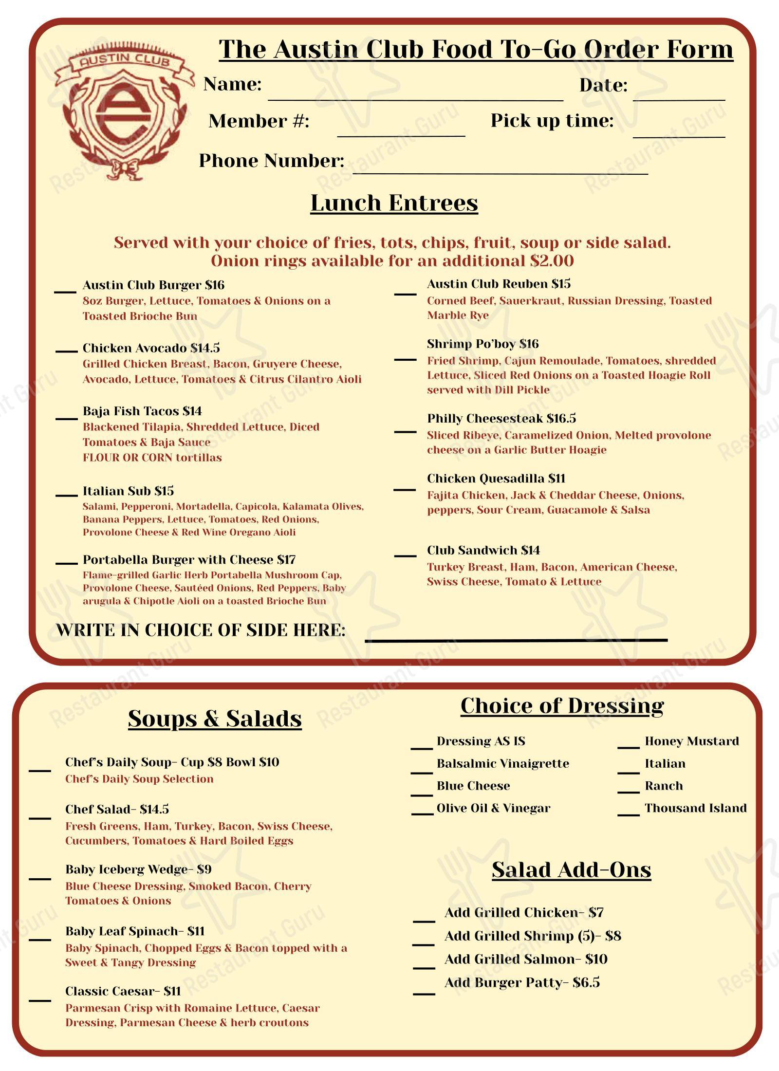 Lunch Menu клуба The Austin Club в Остине