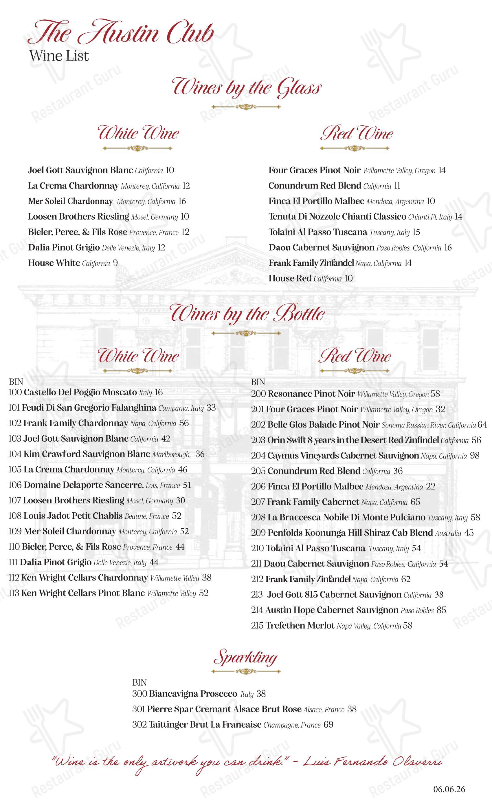Меню клуба The Austin Club - Dinner Menu