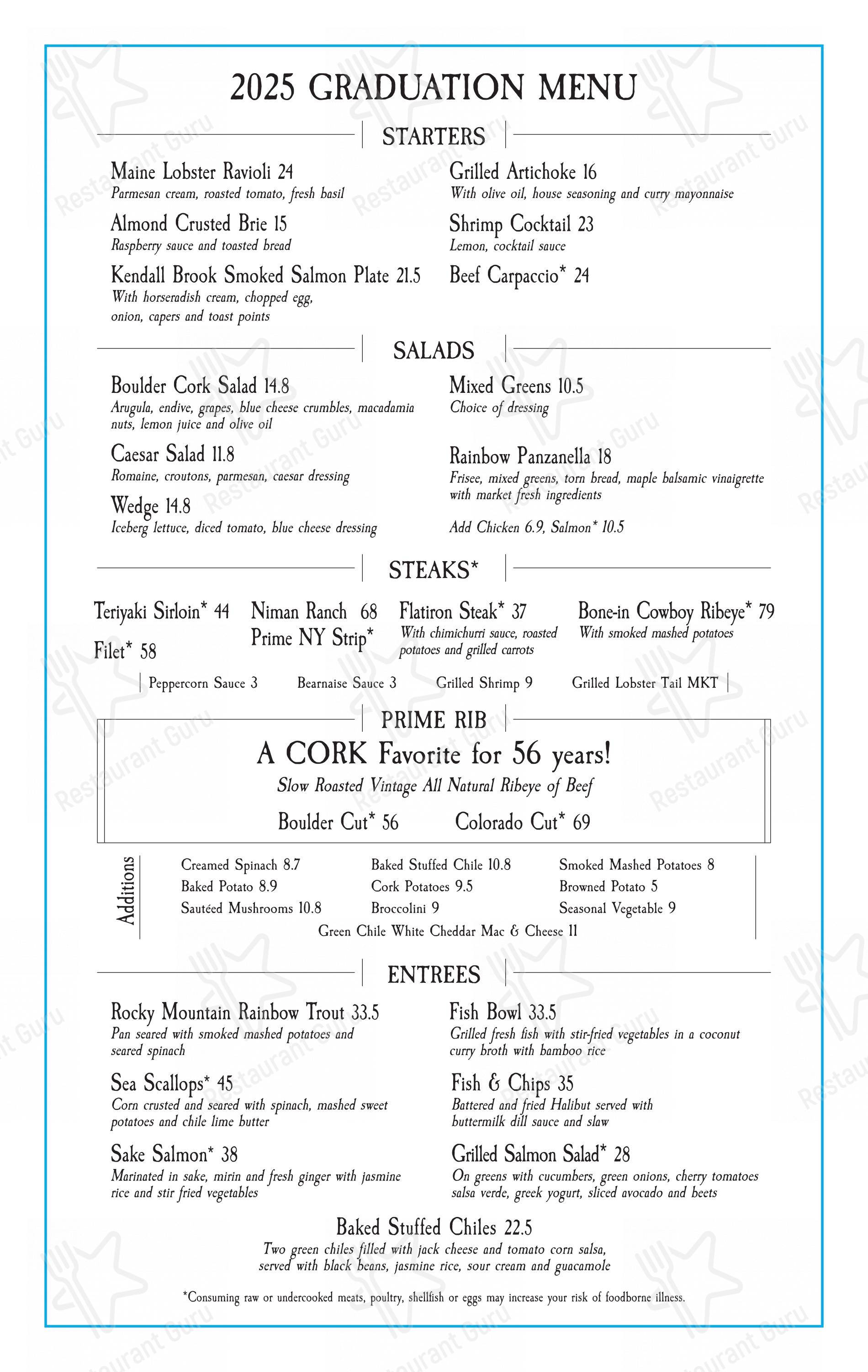 Dinner Menu стейк хауса The Boulder Cork