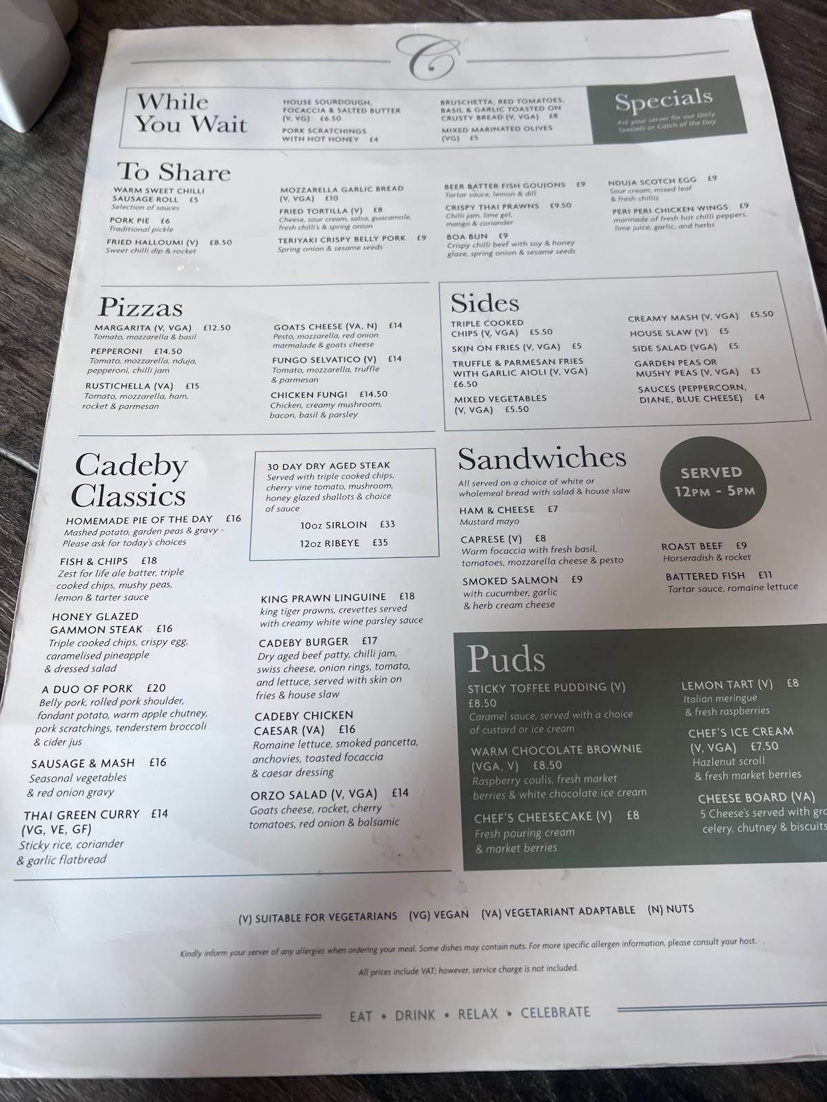 The Cadeby Pub & Restaurant меню
