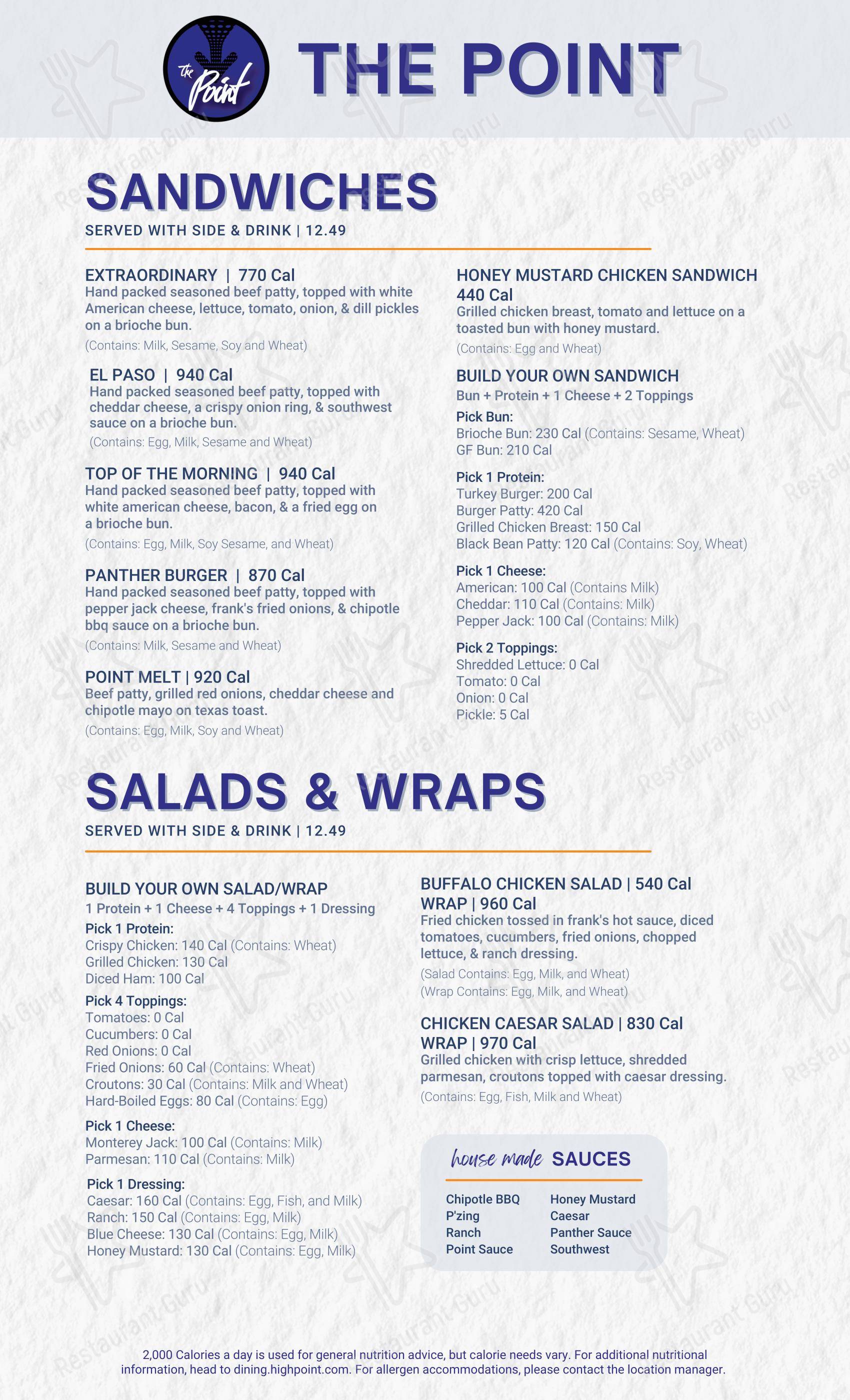 The Point Sports Grill в Хай-Пойнте - Основное меню