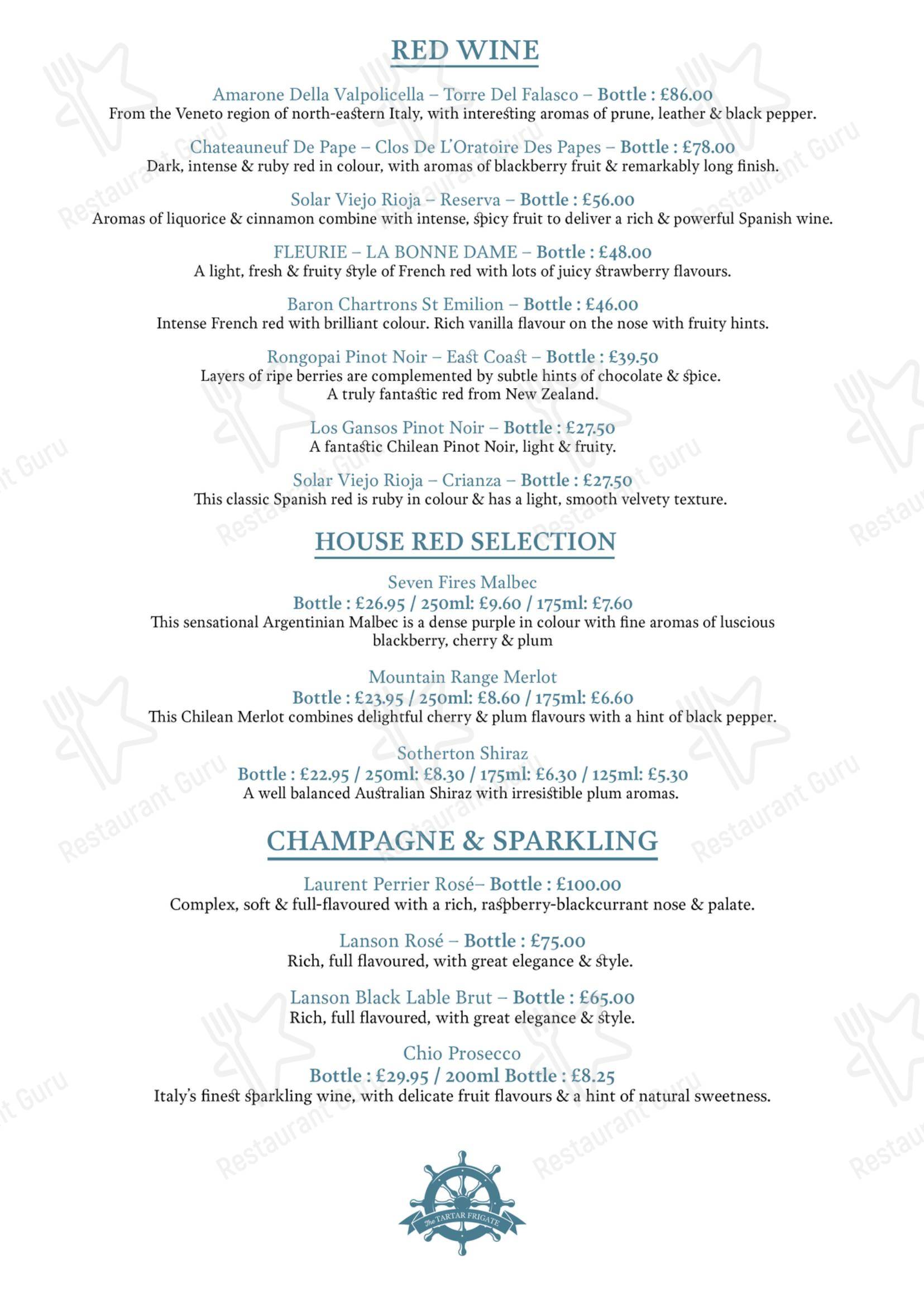 Меню паба и бара The Tartar Frigate - Dinner Menu