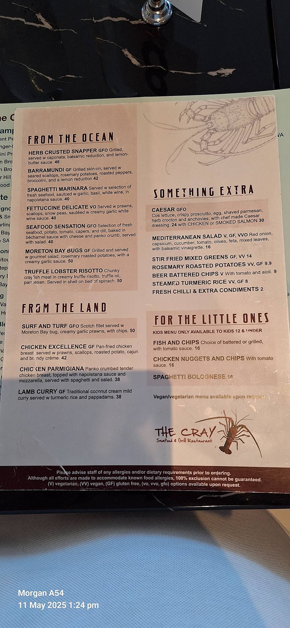 The Cray Seafood & Grill Restaurant Rockingham меню