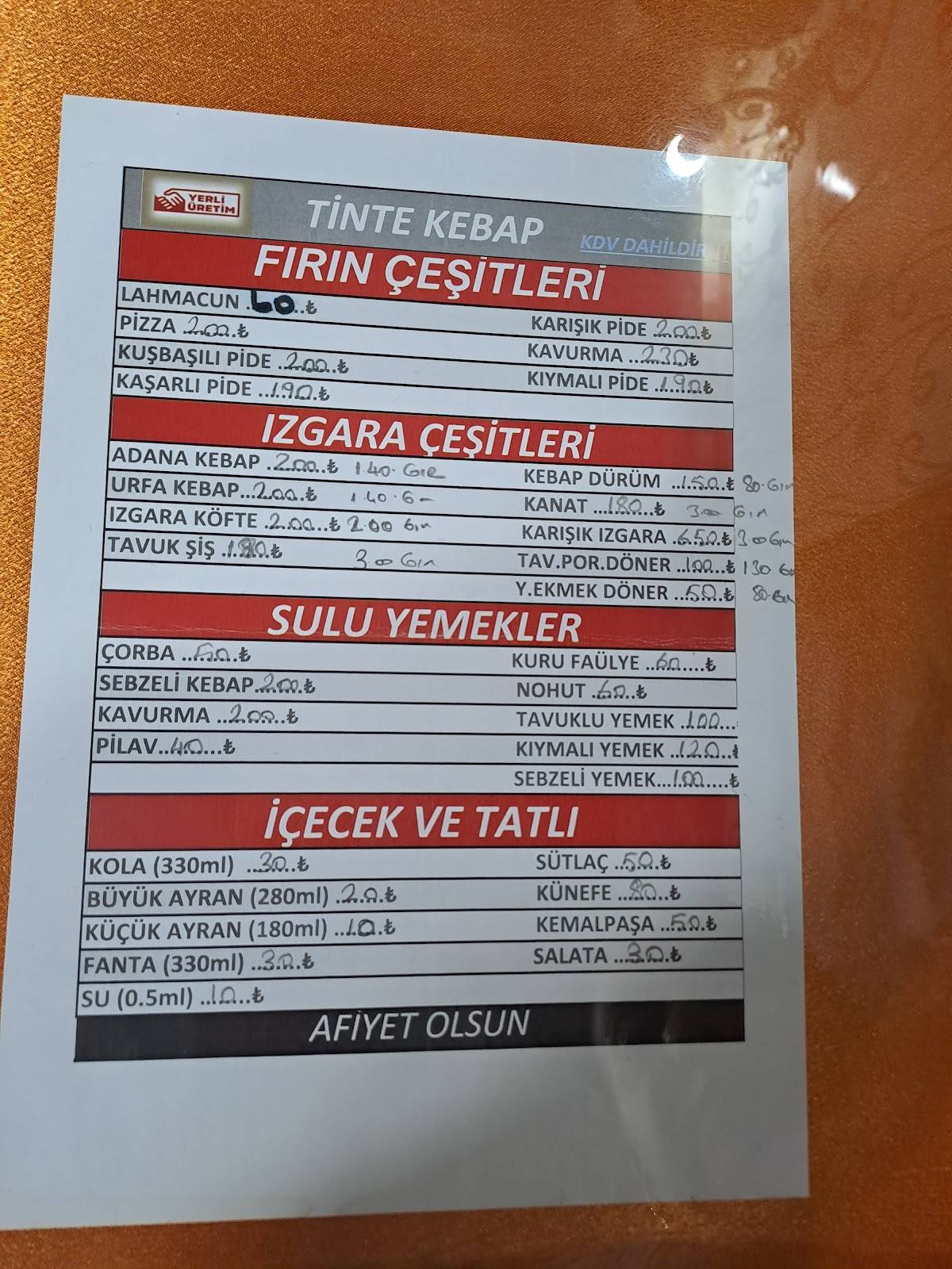 Tinte Kebap Çatalca меню