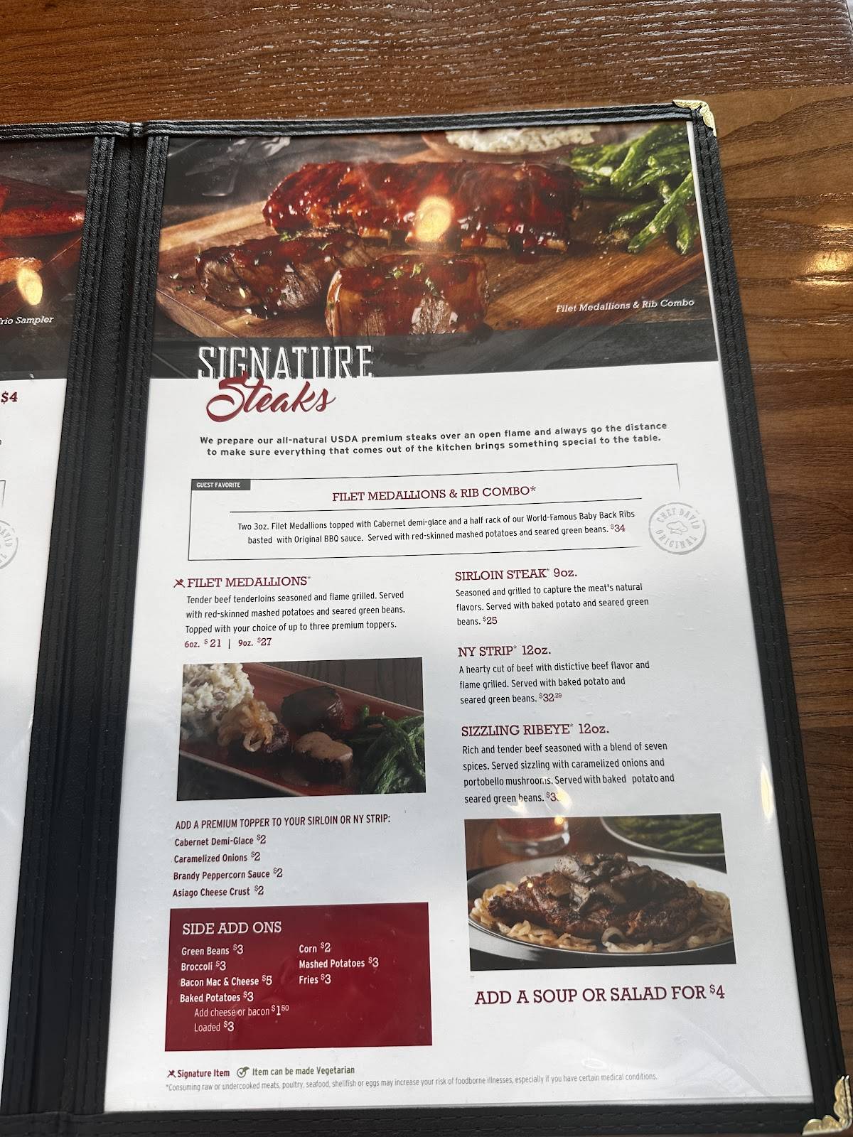 Tony Roma's меню