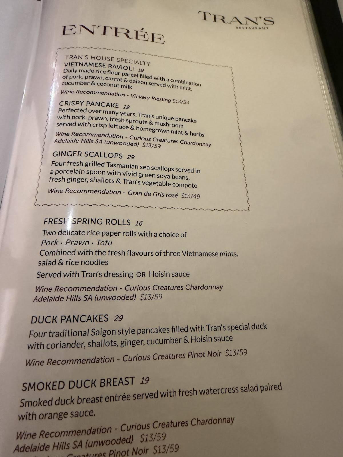 Tran's Restaurant меню