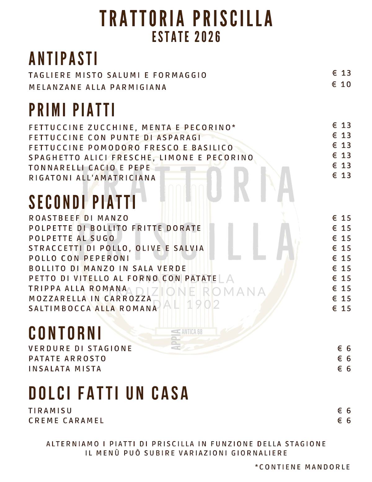 Trattoria Priscilla - since 1902 меню