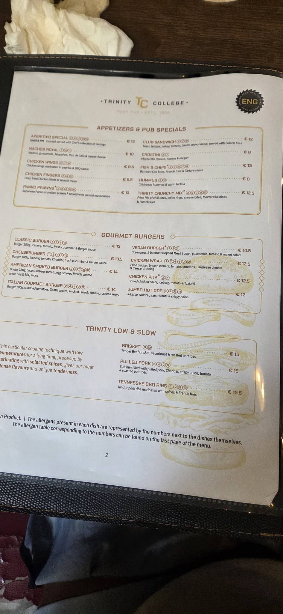 Trinity College Pub меню