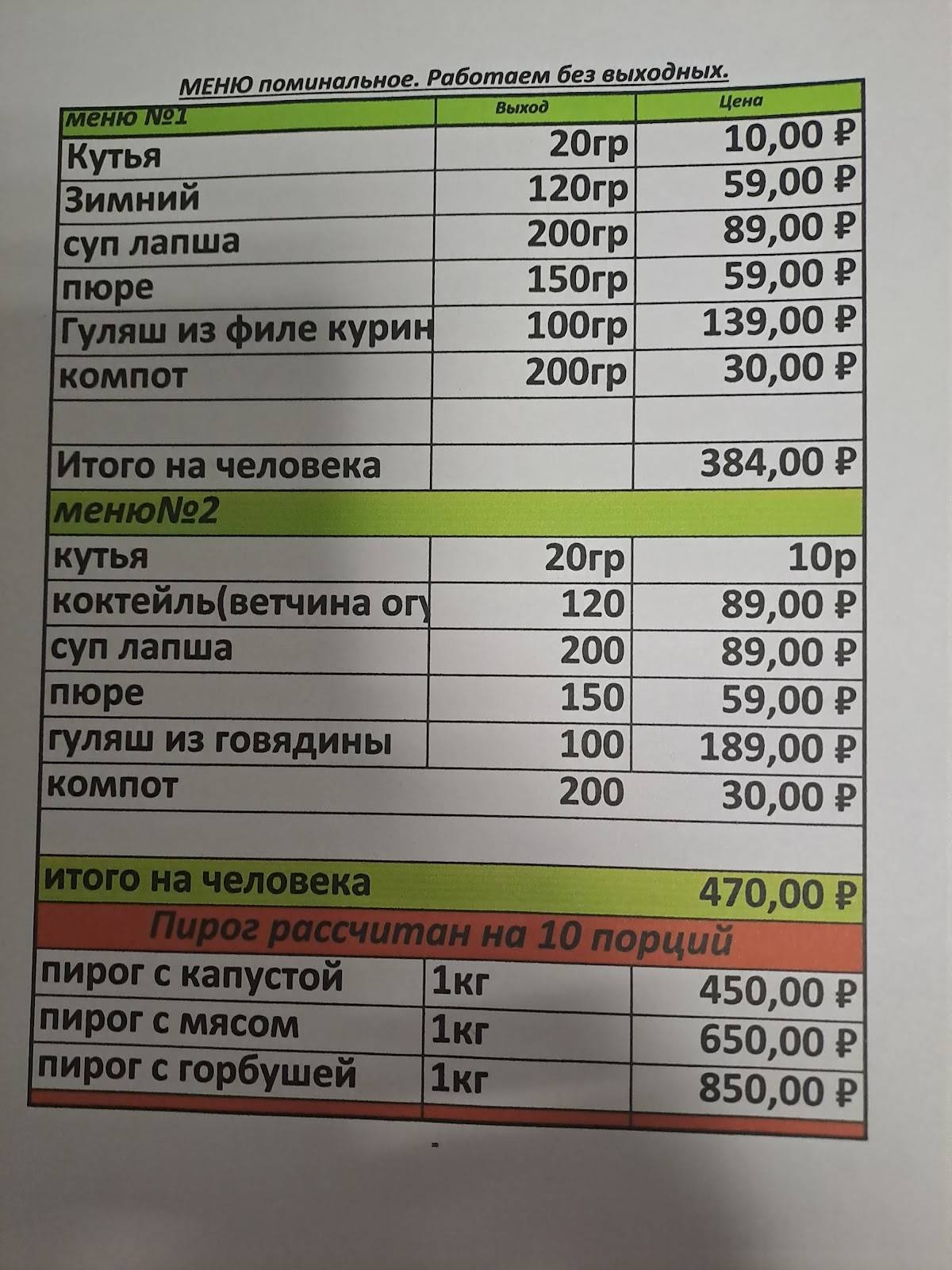 Тургеневская меню