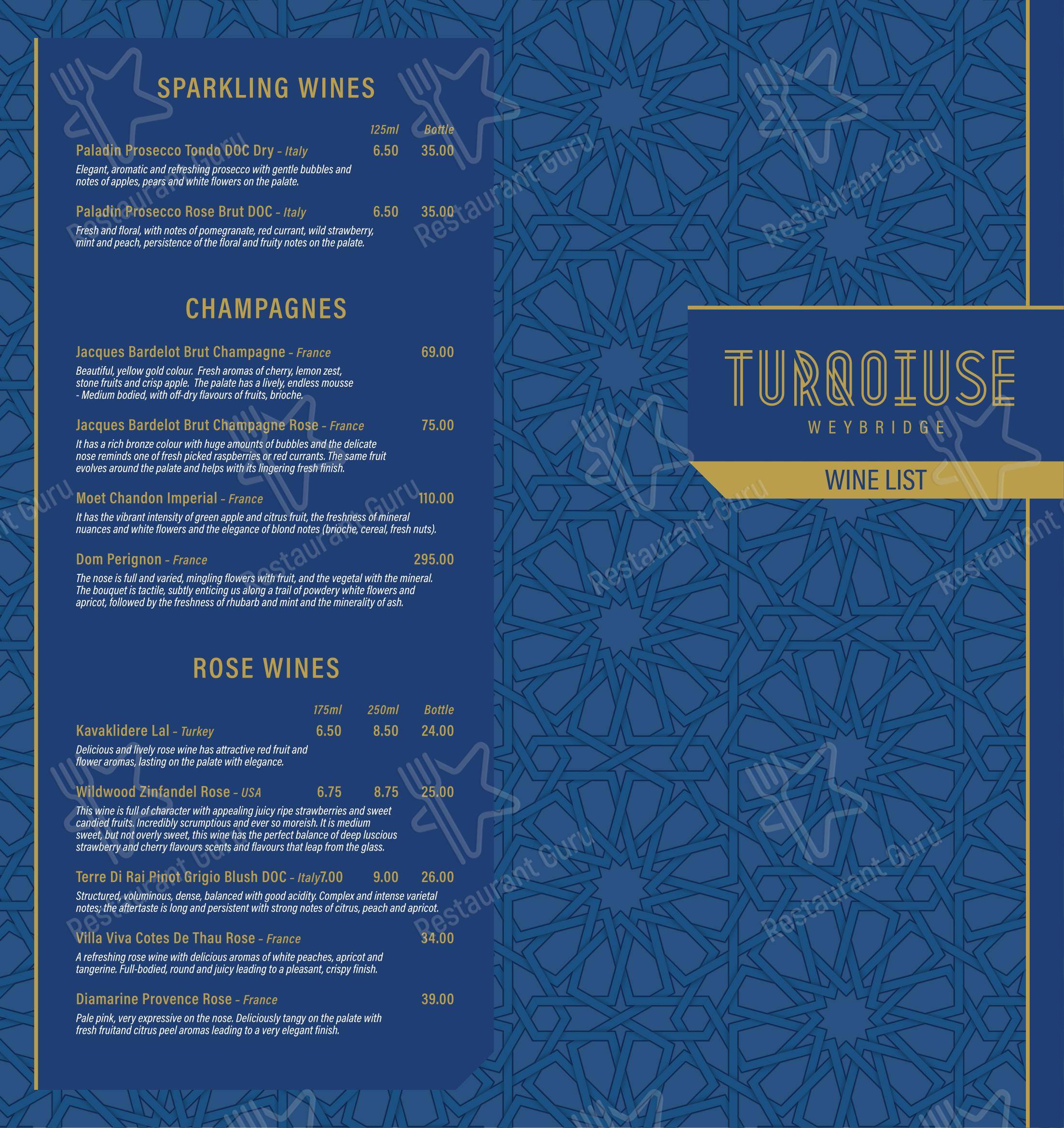 Меню для посетителей ресторана Turquoise Weybridge