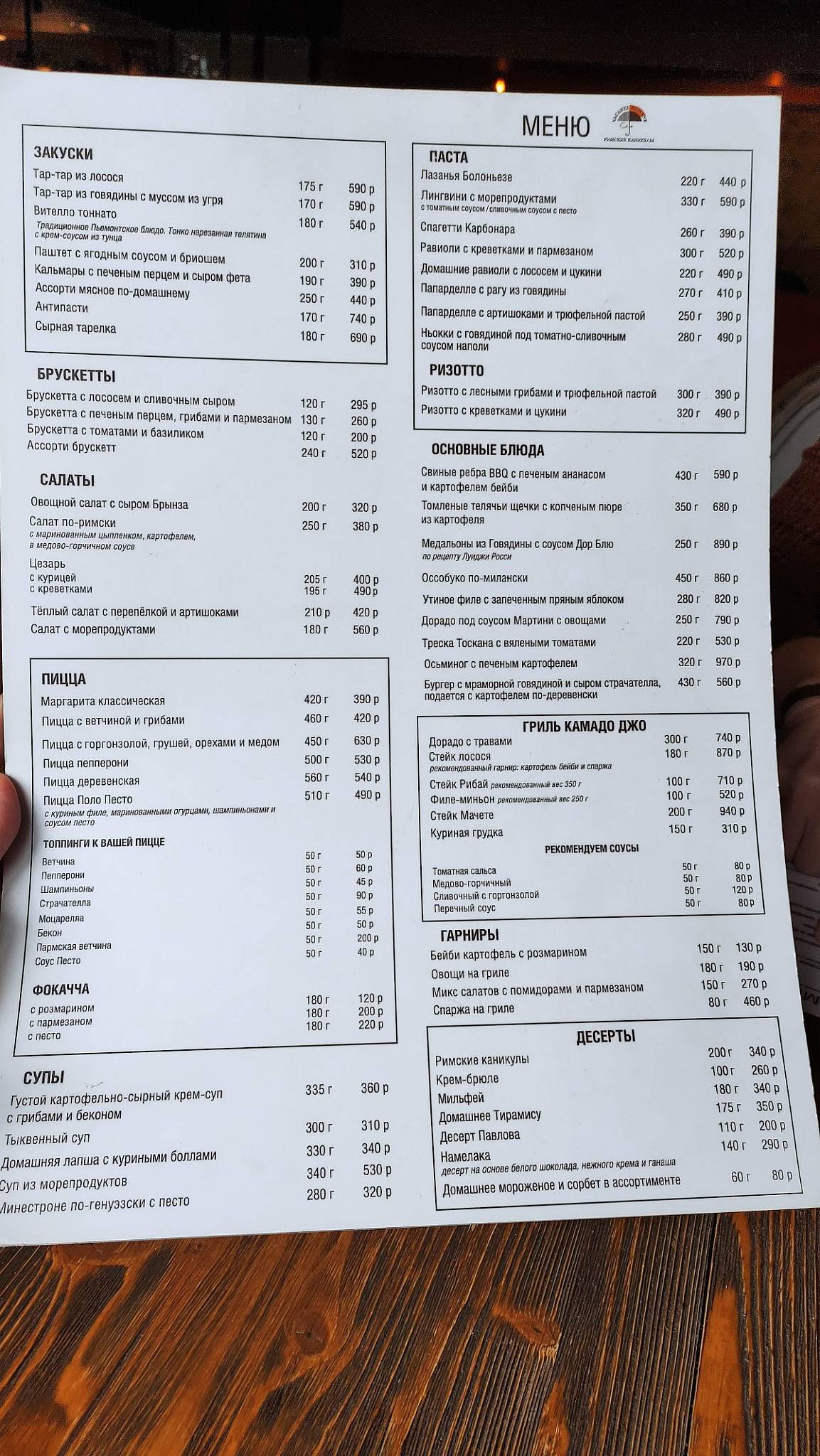 Римские каникулы меню