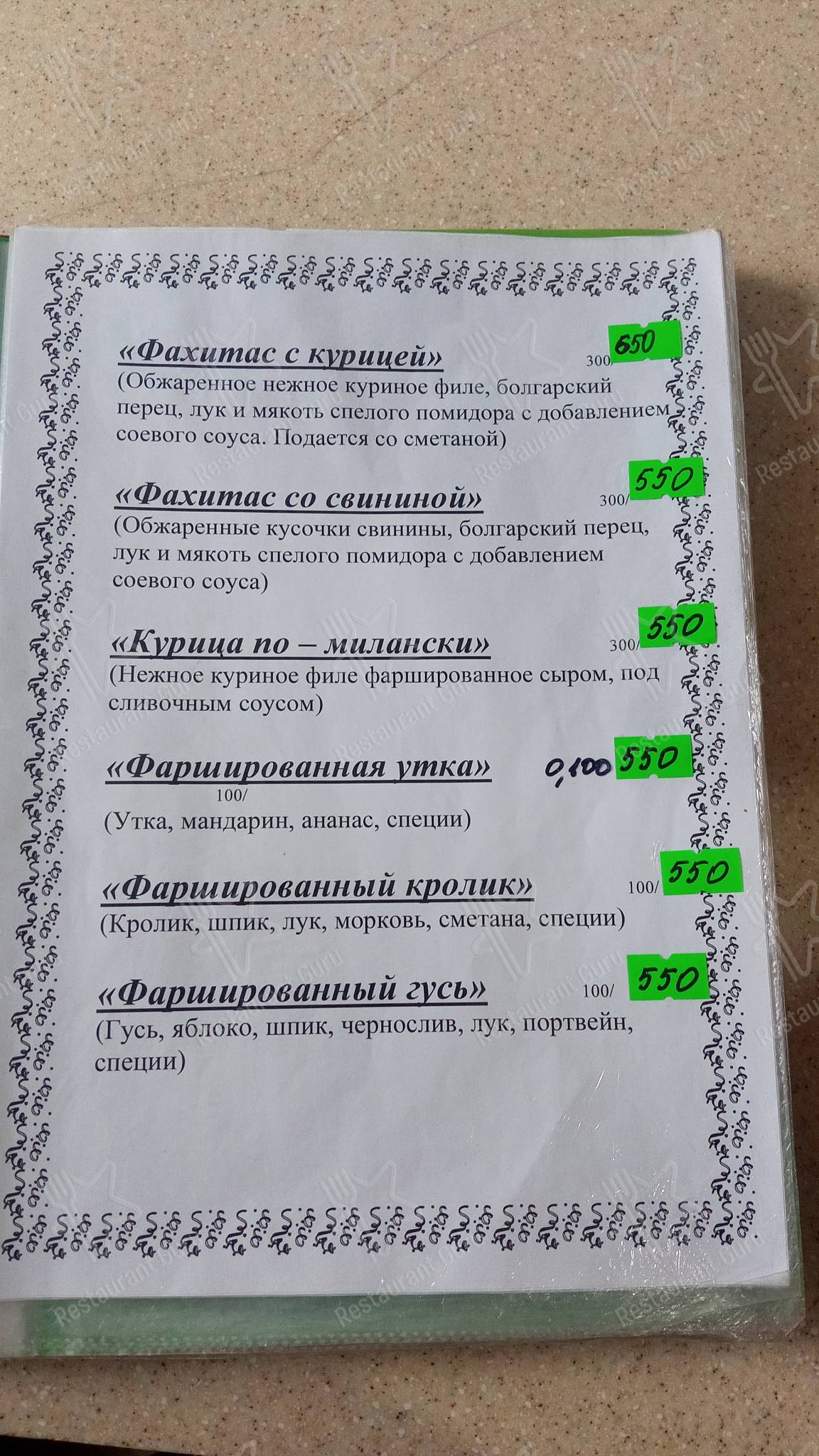 Меню Кафе 