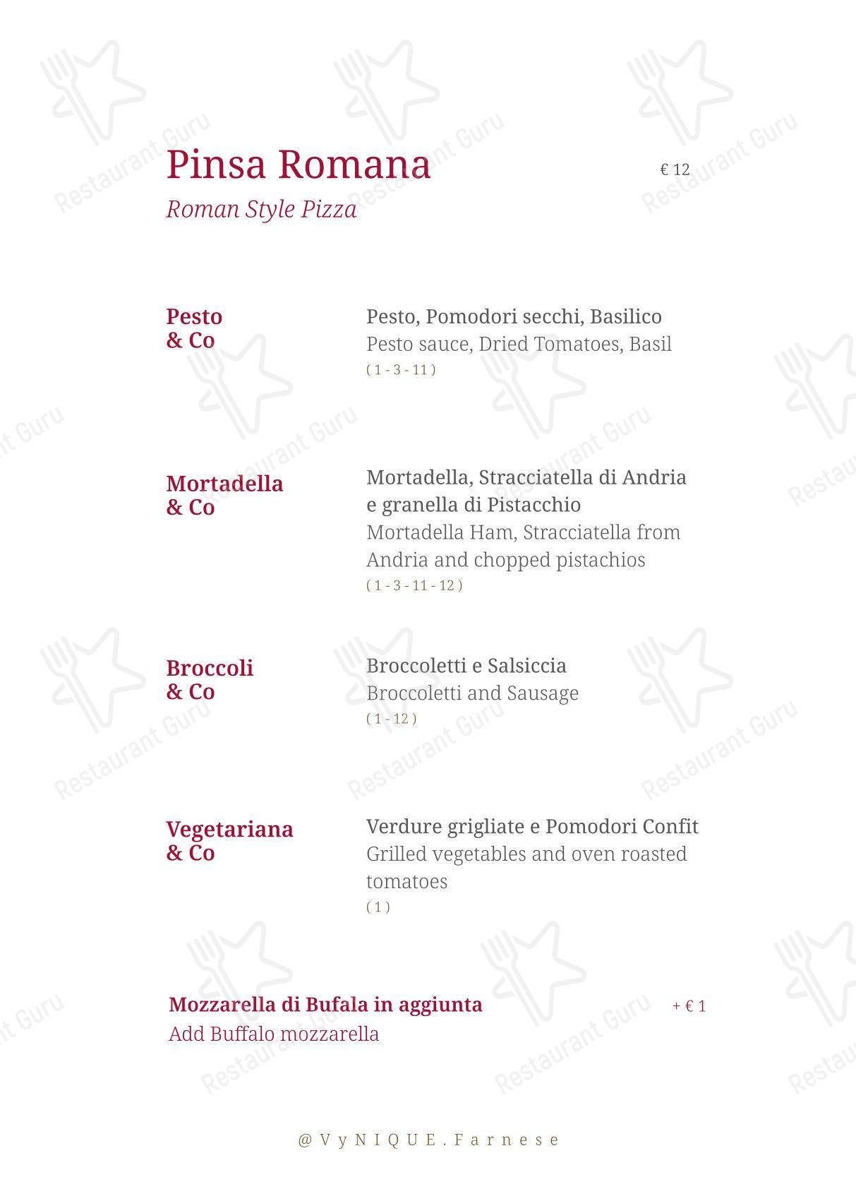 Основное меню паба и бара VyNIQUE Farnese в Риме