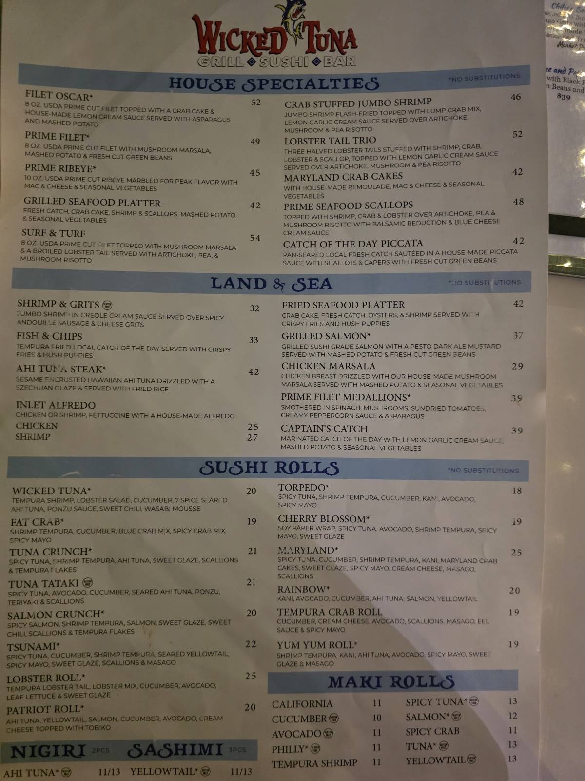 Wicked Tuna Grill, Sushi, Bar меню