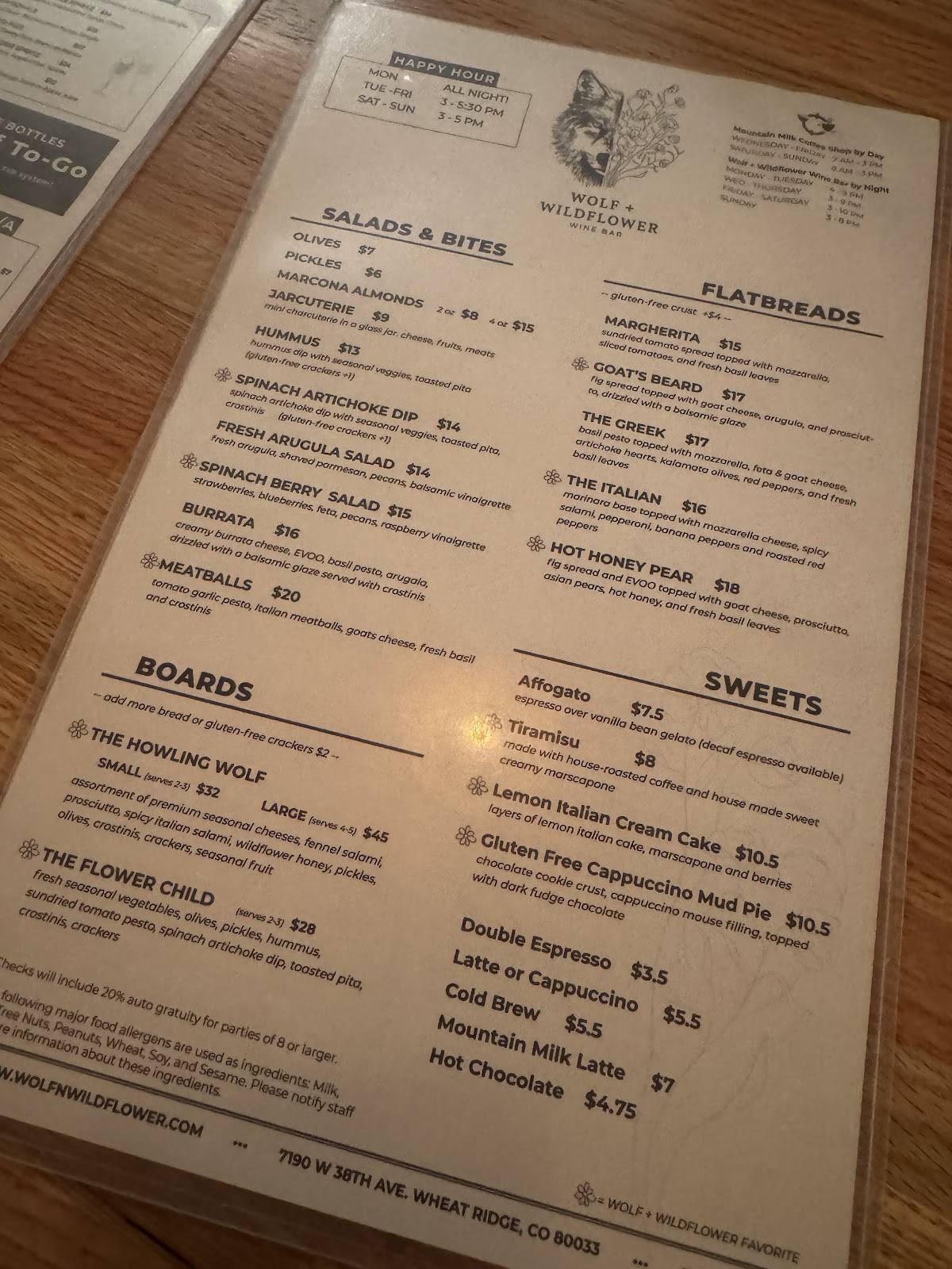Wolf+Wildflower Wine Bar & Bistro меню