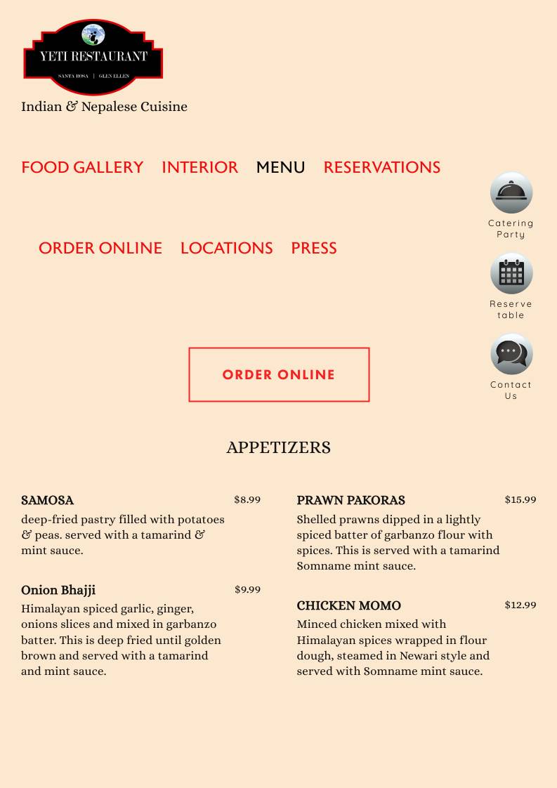 Yeti Restaurant меню