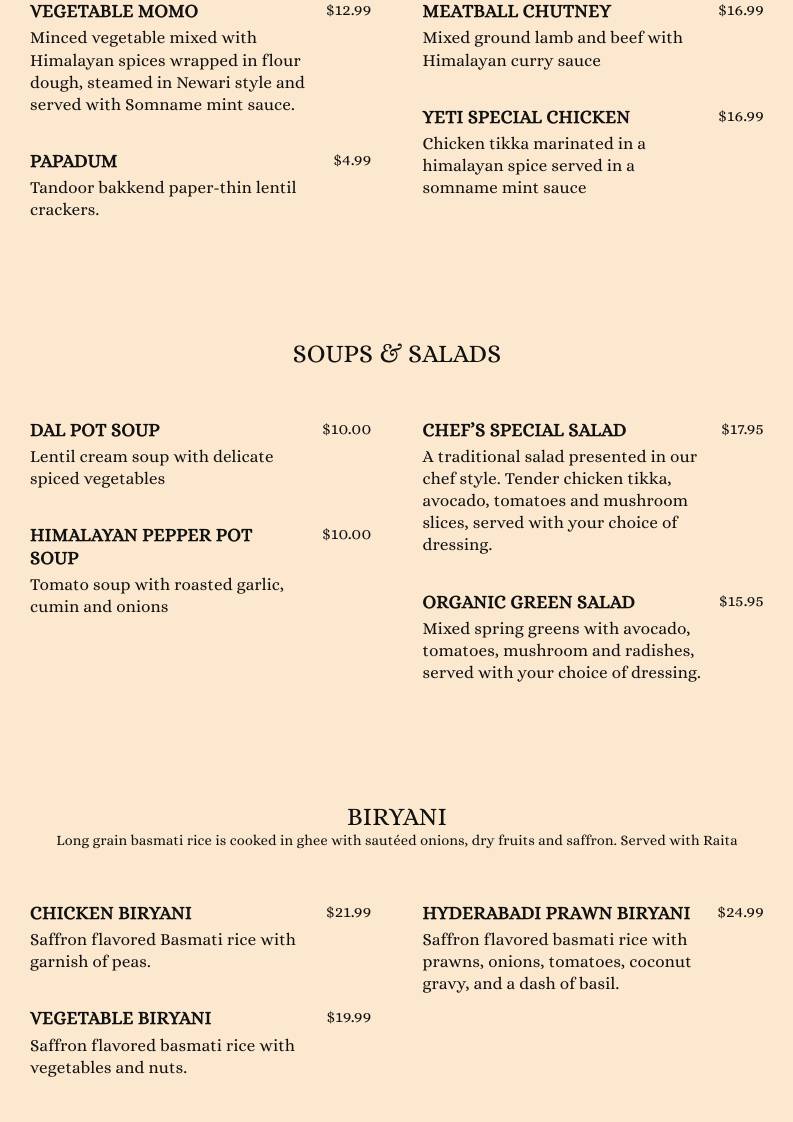 Yeti Restaurant меню