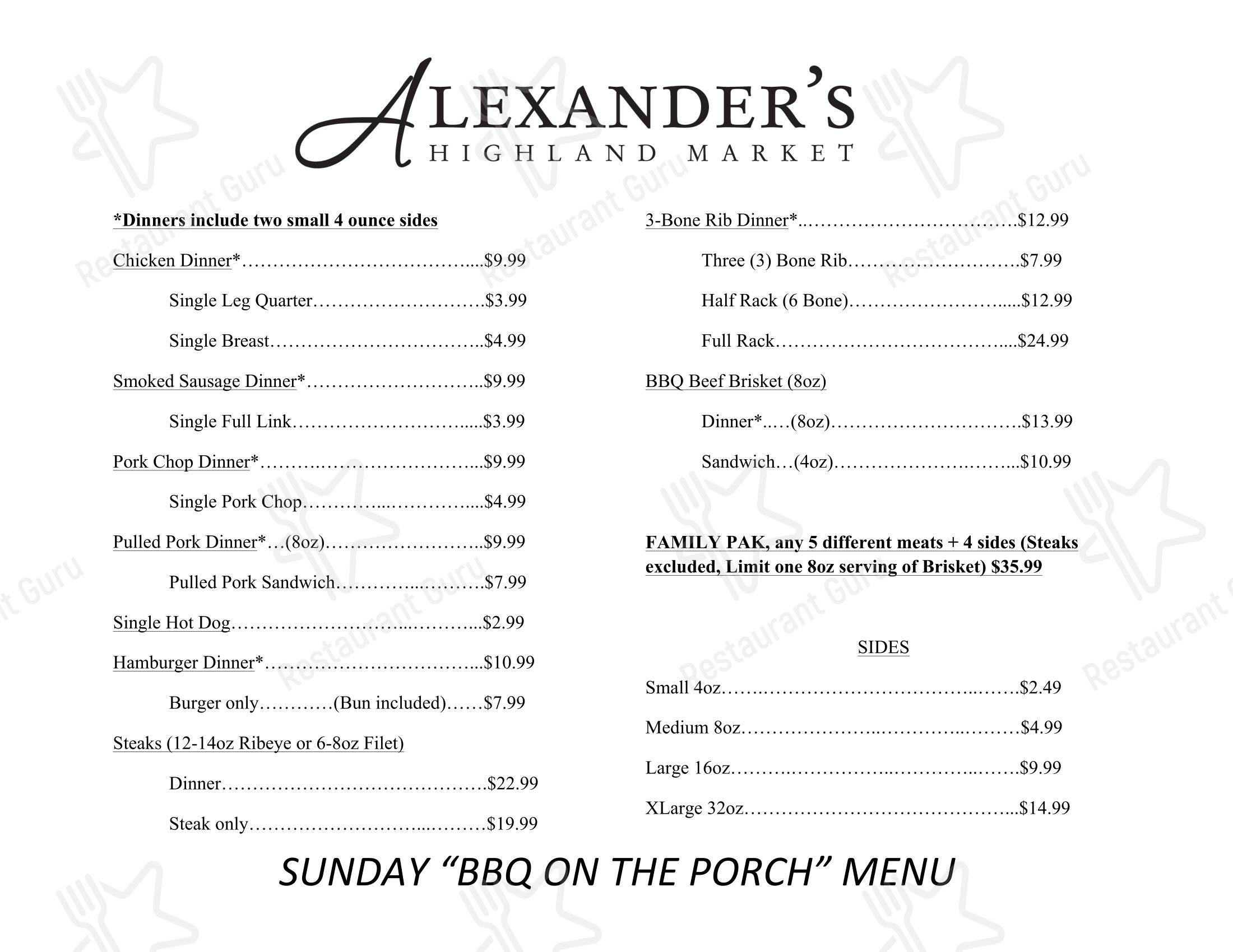 Takeaway Menu кафе Alexander's Highland Market в Батоне-Руже