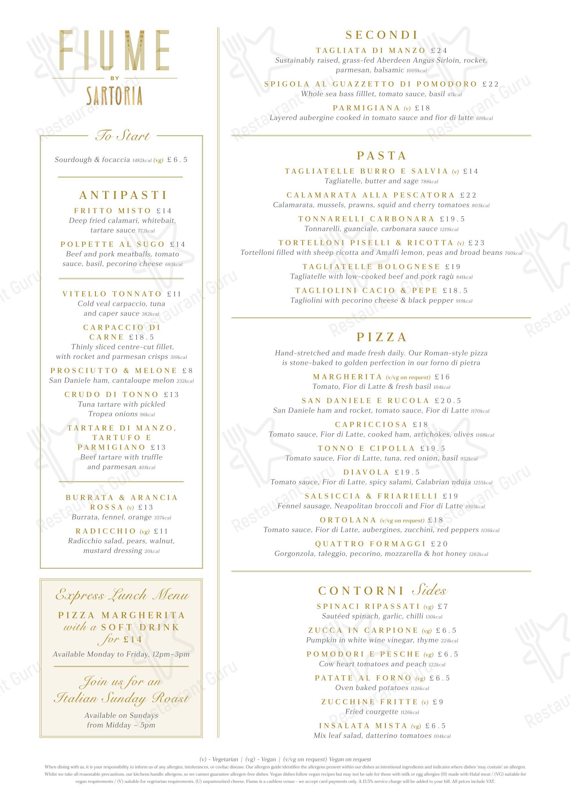 OUR MENU паба и бара Fiume в Лондоне