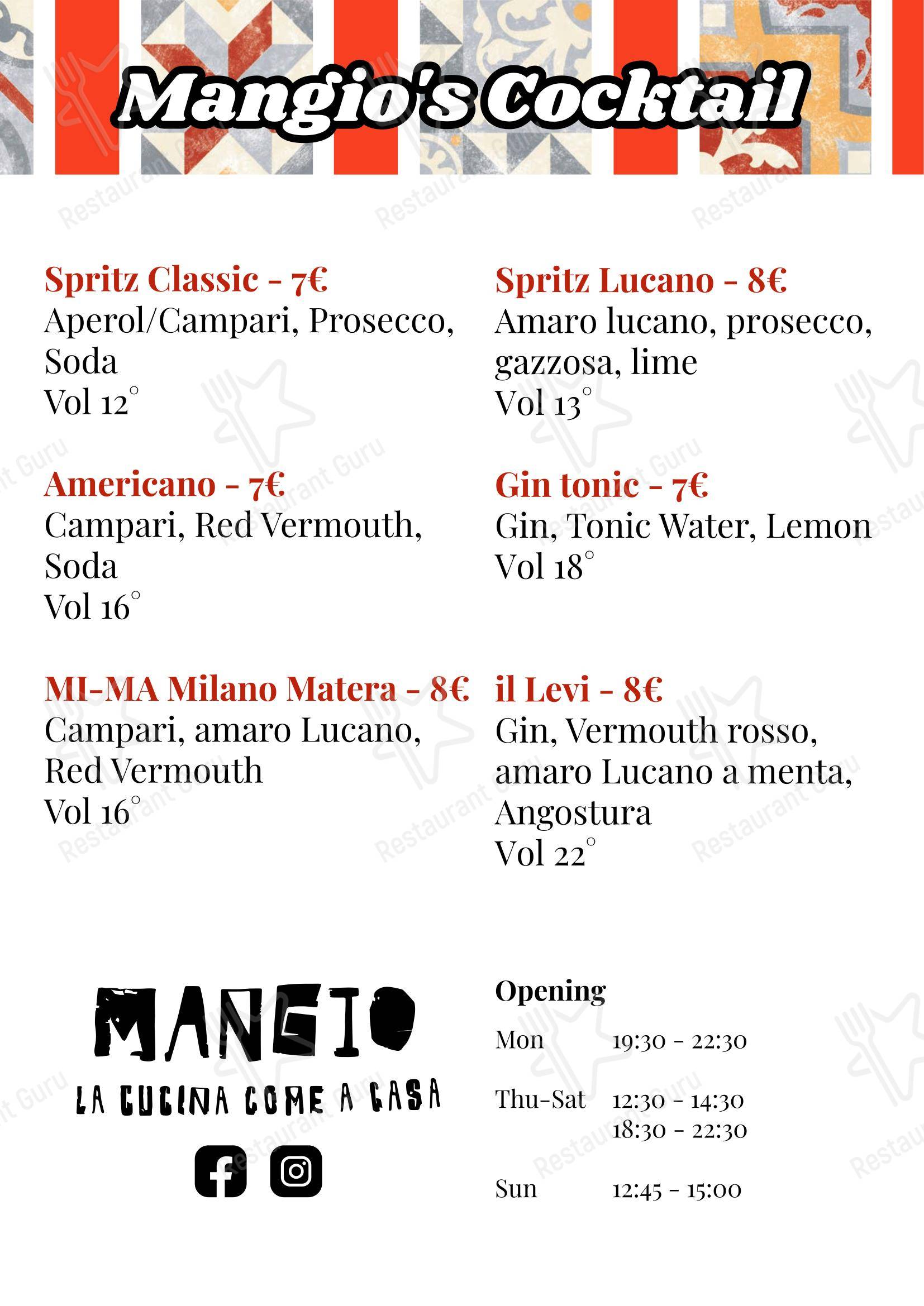 菜单 ресторана MANGIO la cucina come a casa в Риме