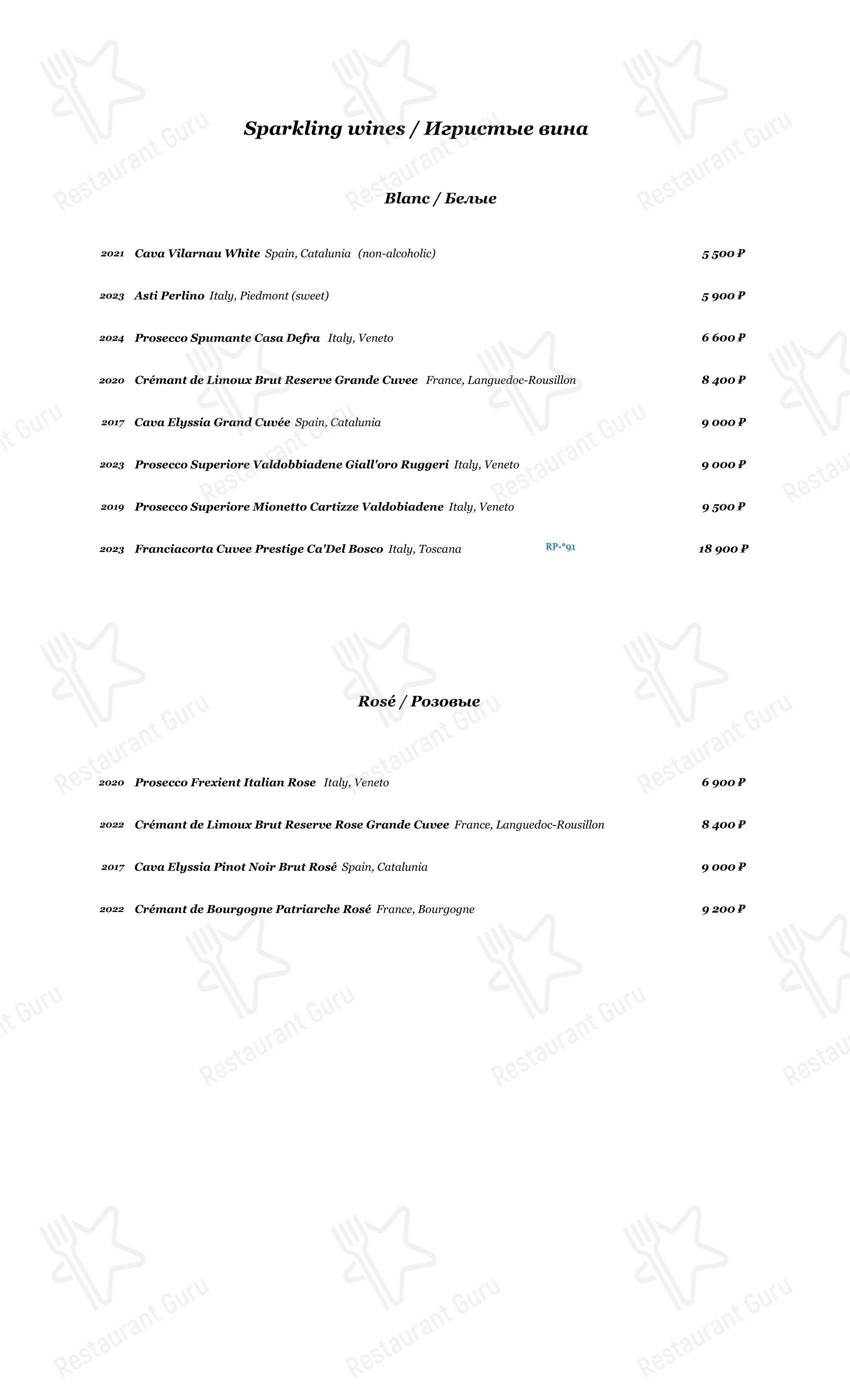 Dinner Menu ресторана Паризьен