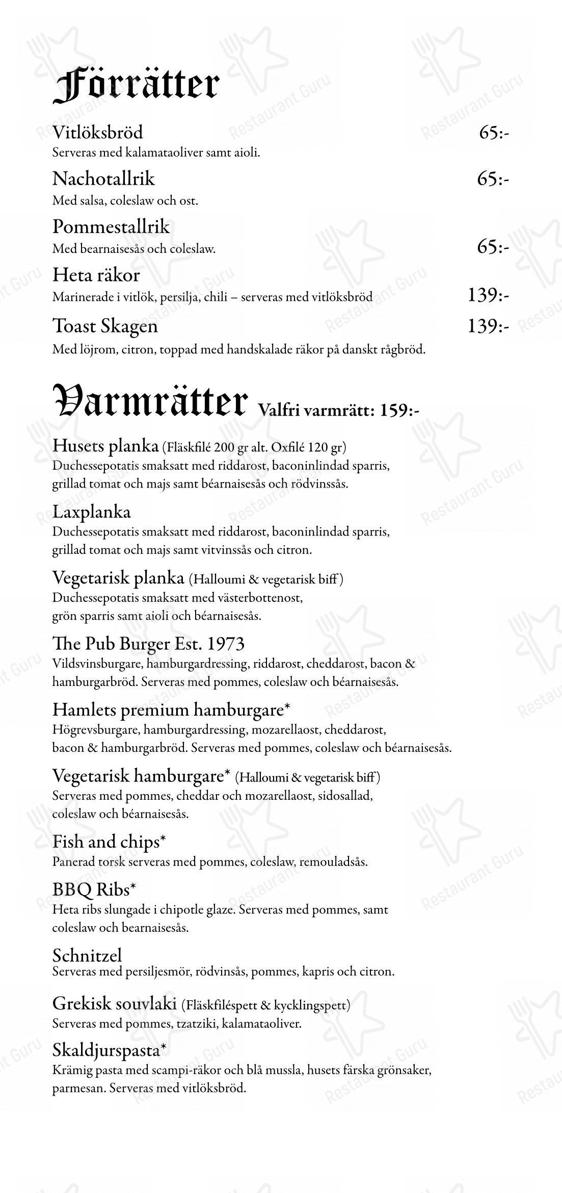 Меню ресторана Restaurang Hamlet в Линчёпинге