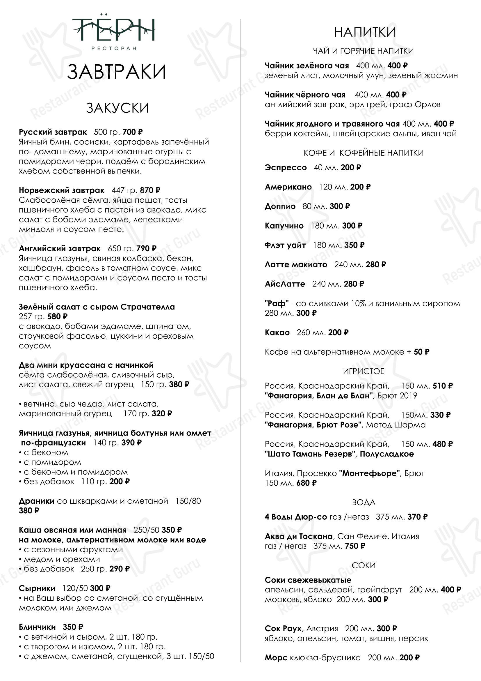 Меню напитков ресторана Тёрн
