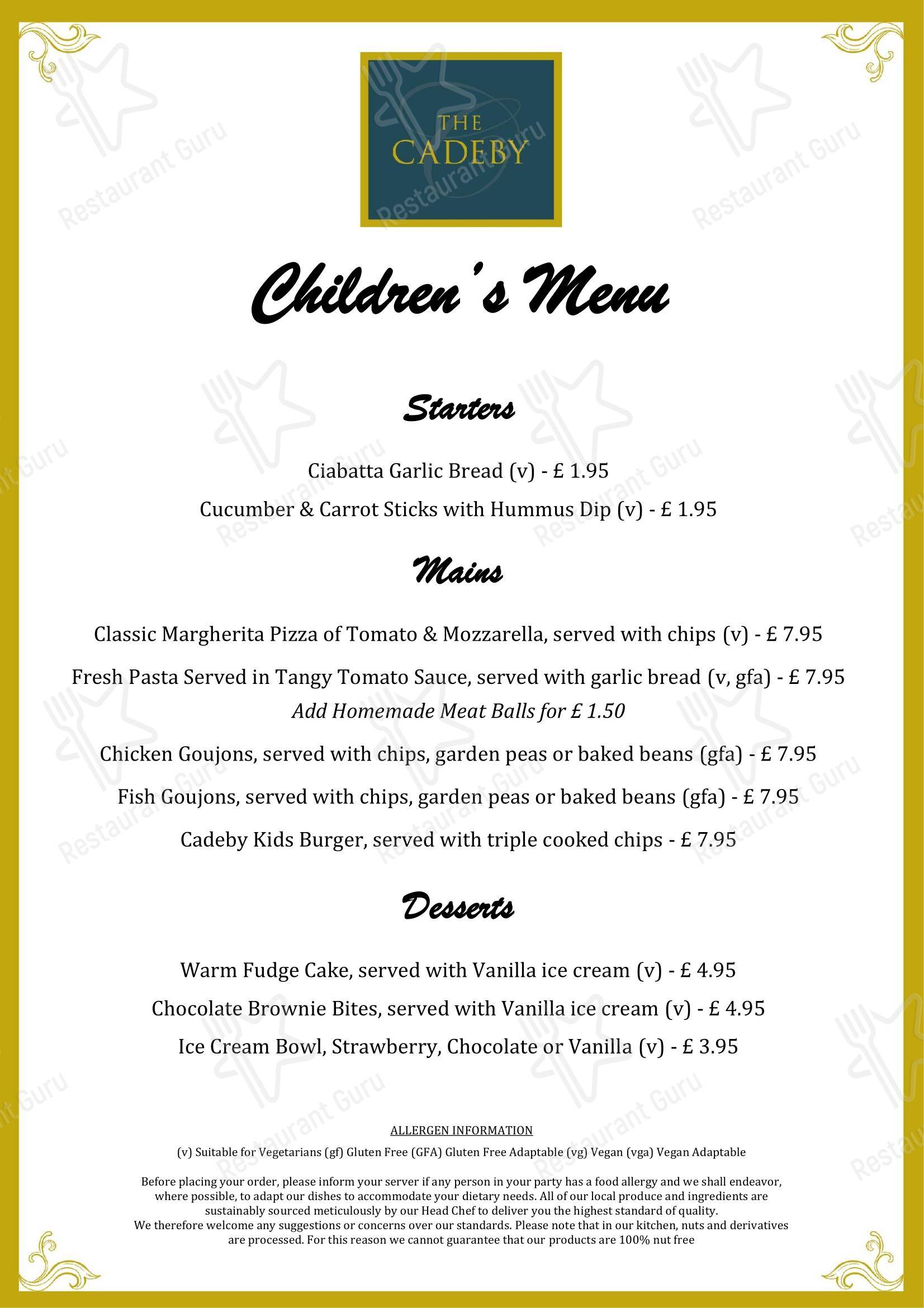 Основное меню ресторана The Cadeby Pub & Restaurant в Донкастере